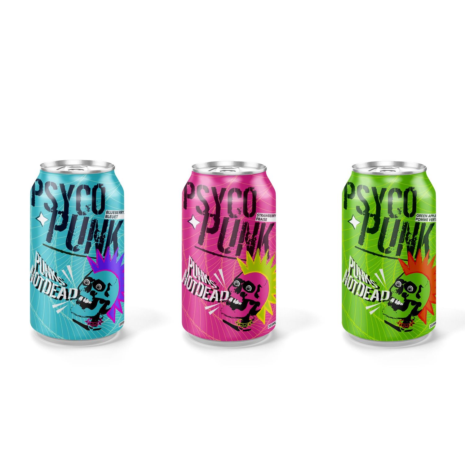 Three colorful Psyco Punk energy drink cans in blue, pink, and green with bold graphic designs.