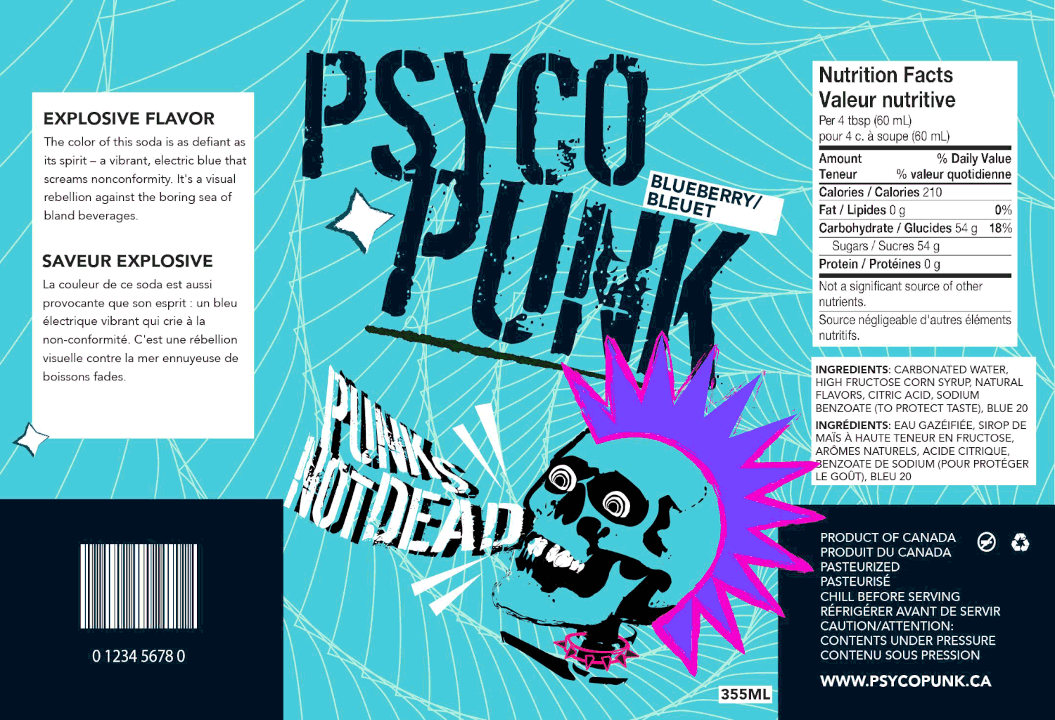 Psyco Punk blueberry mint flavored beverage label with punk skull artwork and nutrition facts panel.