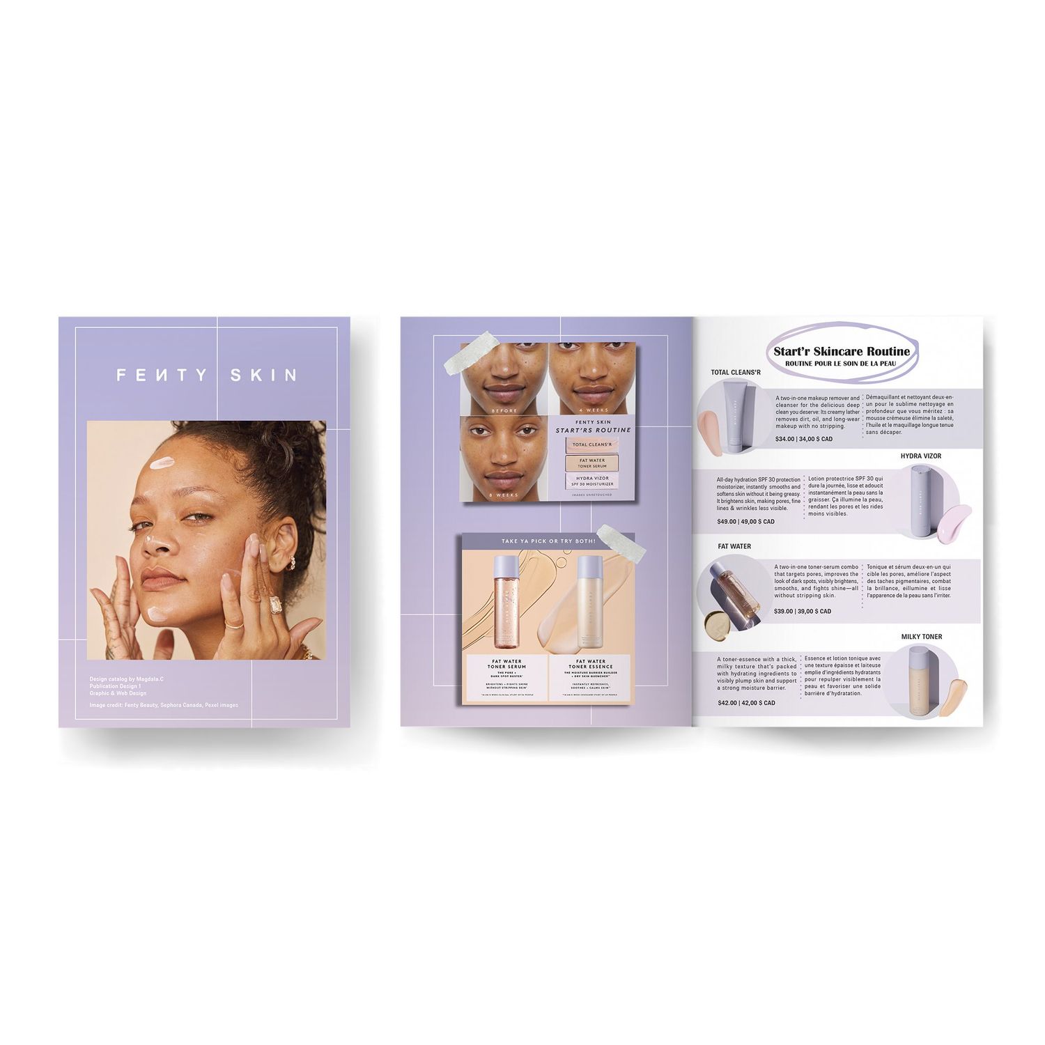 Fenty Skin beauty brochure featuring skincare products, model portraits, and lavender-themed promotional layout.