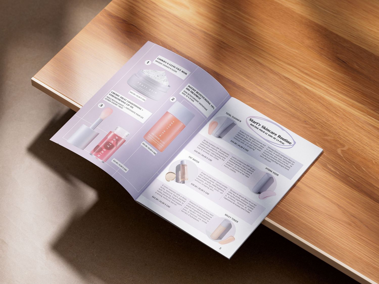 Open magazine on wooden table showcasing skincare product catalog with pastel purple layout and beauty items.