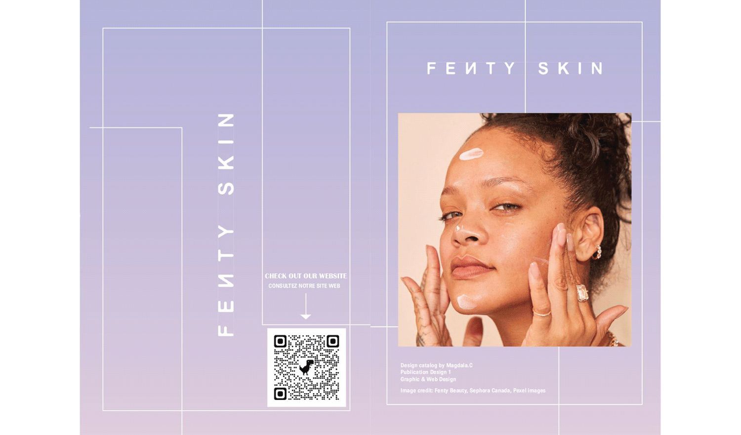 Fenty Skin advertisement featuring a woman applying skincare product, with brand logo and QR code on purple background.