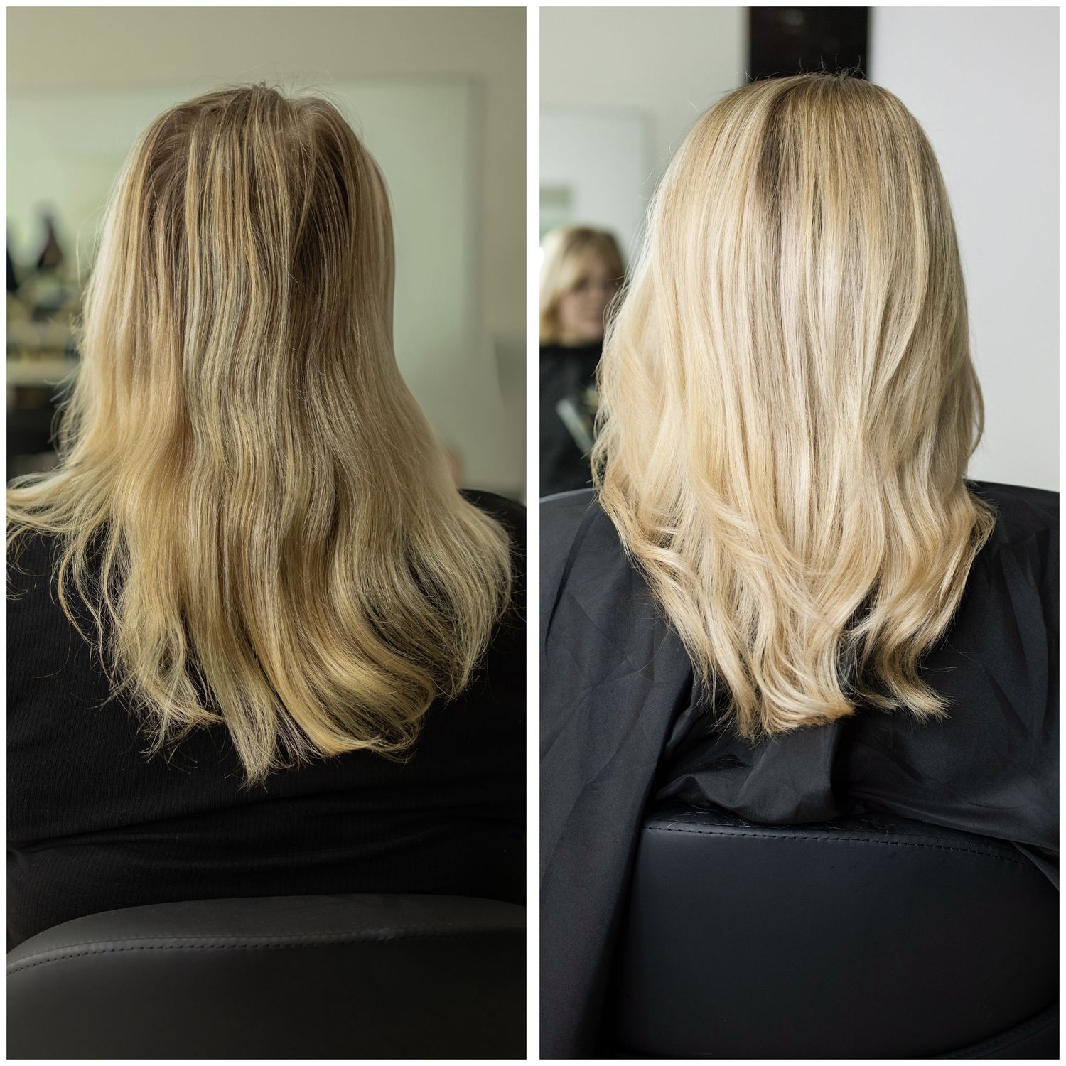 Before and after hair transformation showing blonde highlights and blowout styling in a salon setting.