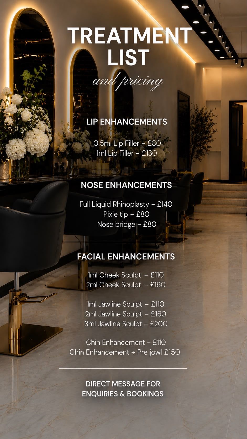 Aesthetic clinic treatment list with lip, nose, and facial enhancement pricing displayed on a luxury salon background.