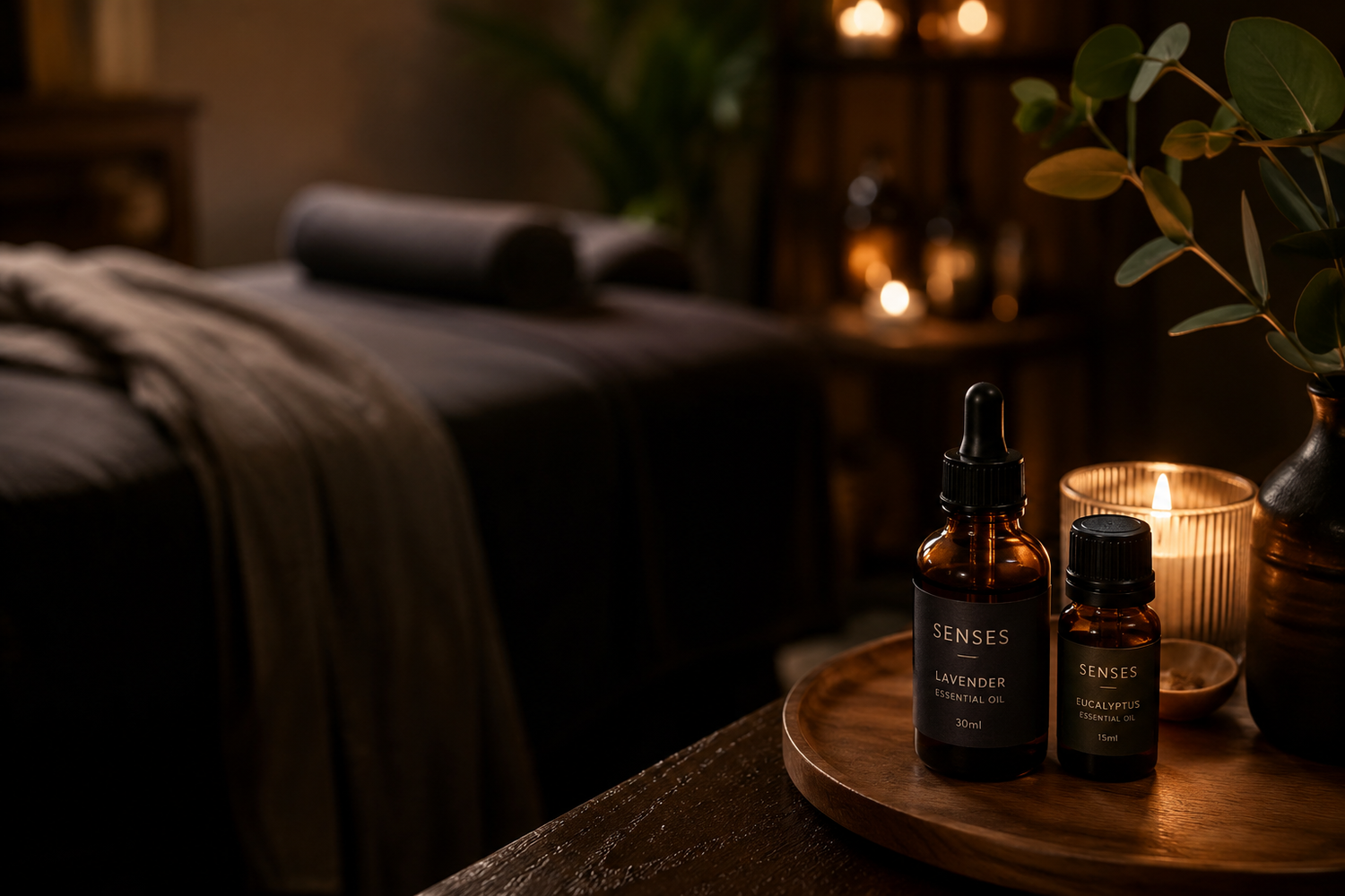 Two dark amber essential oil bottles on a wooden tray beside a lit candle in a dimly lit spa room.