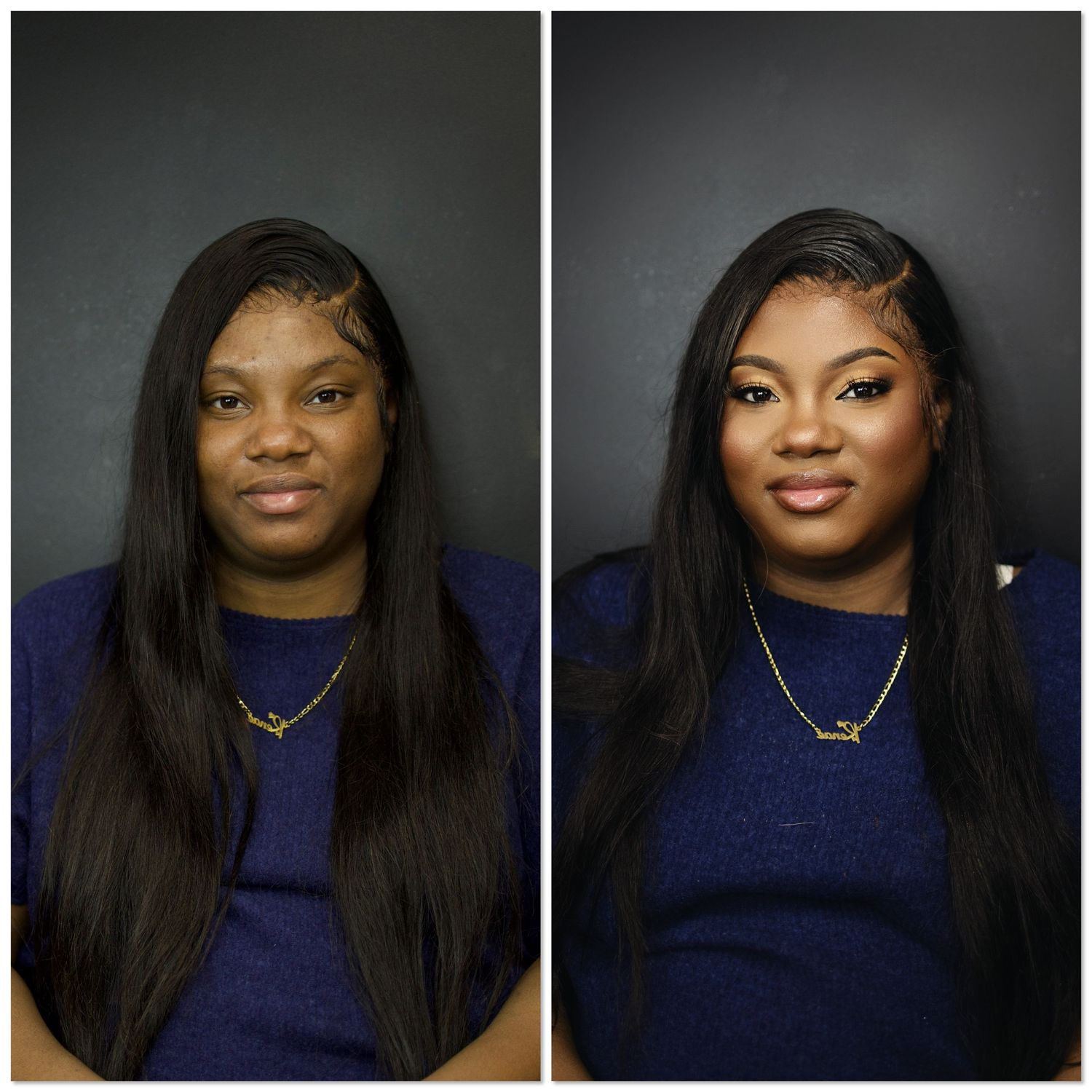 Before and after makeup transformation on a woman with long straight black hair wearing a blue top and gold necklace.