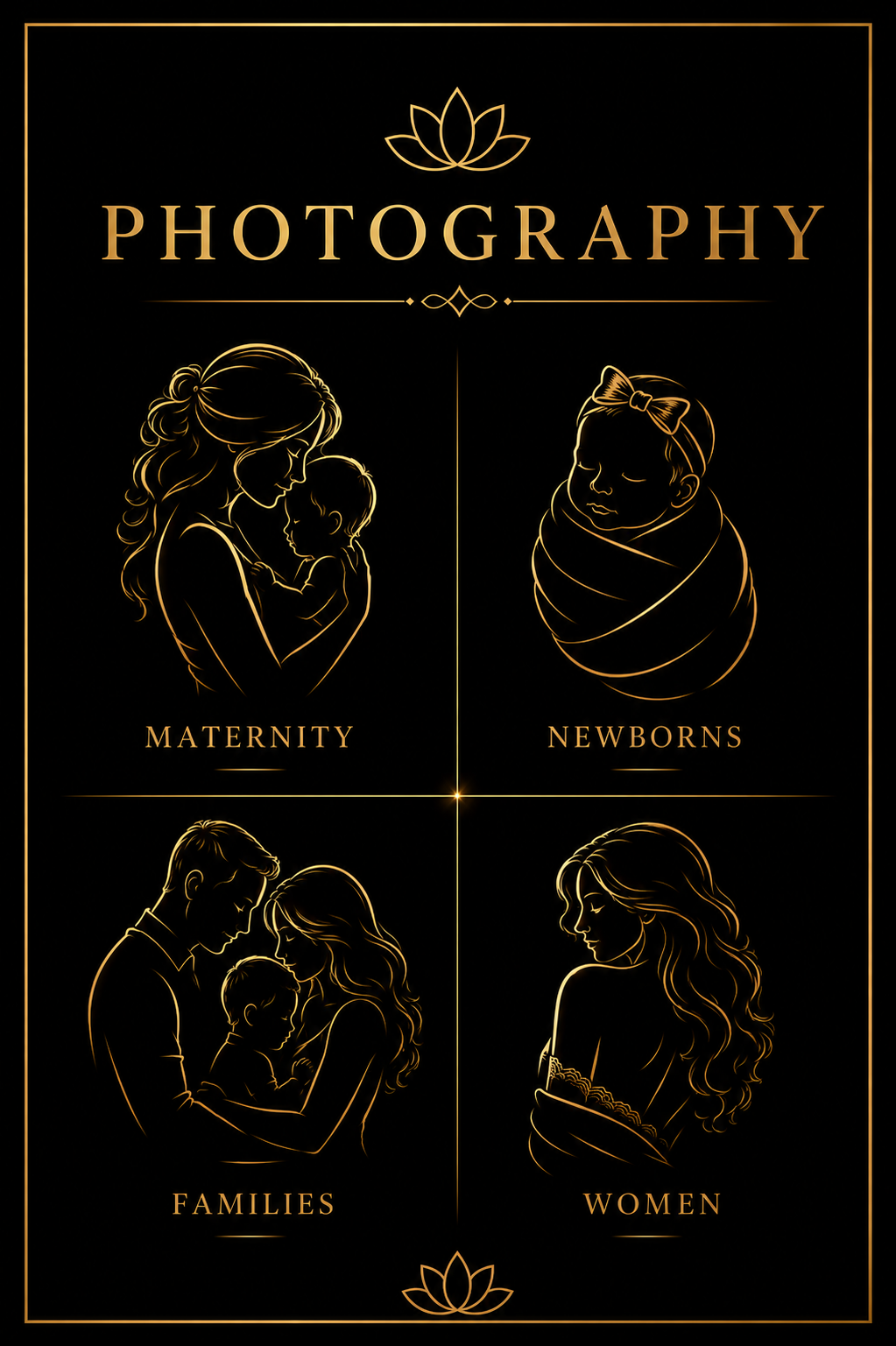 Gold line art photography logo on black background featuring maternity, newborns, families, and women portrait categories.