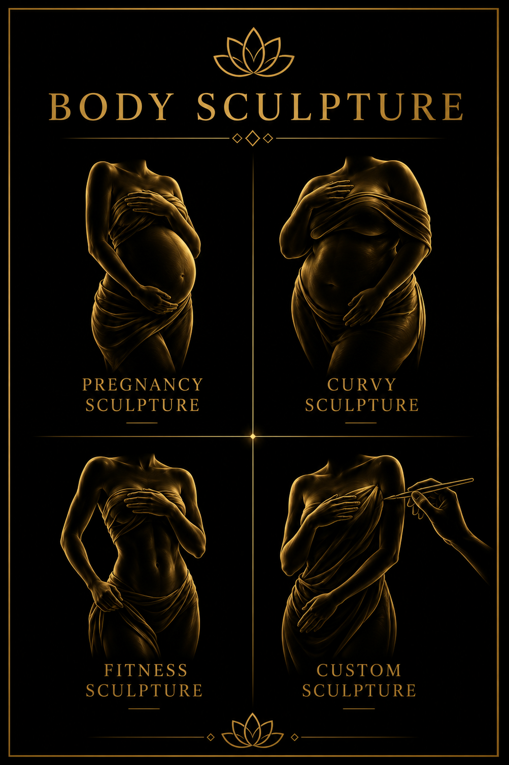 Gold-toned body sculpture art poster showcasing pregnancy, curvy, fitness, and custom sculpture styles on black background.