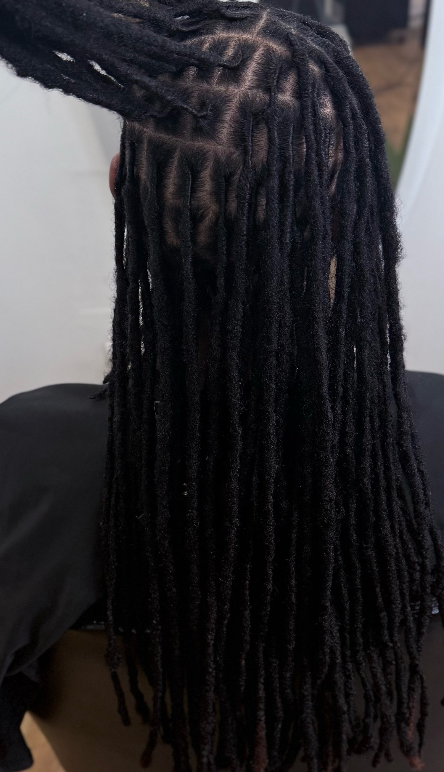 Back view of long black freeform dreadlocks with neat parting sections on a dark-skinned individual.