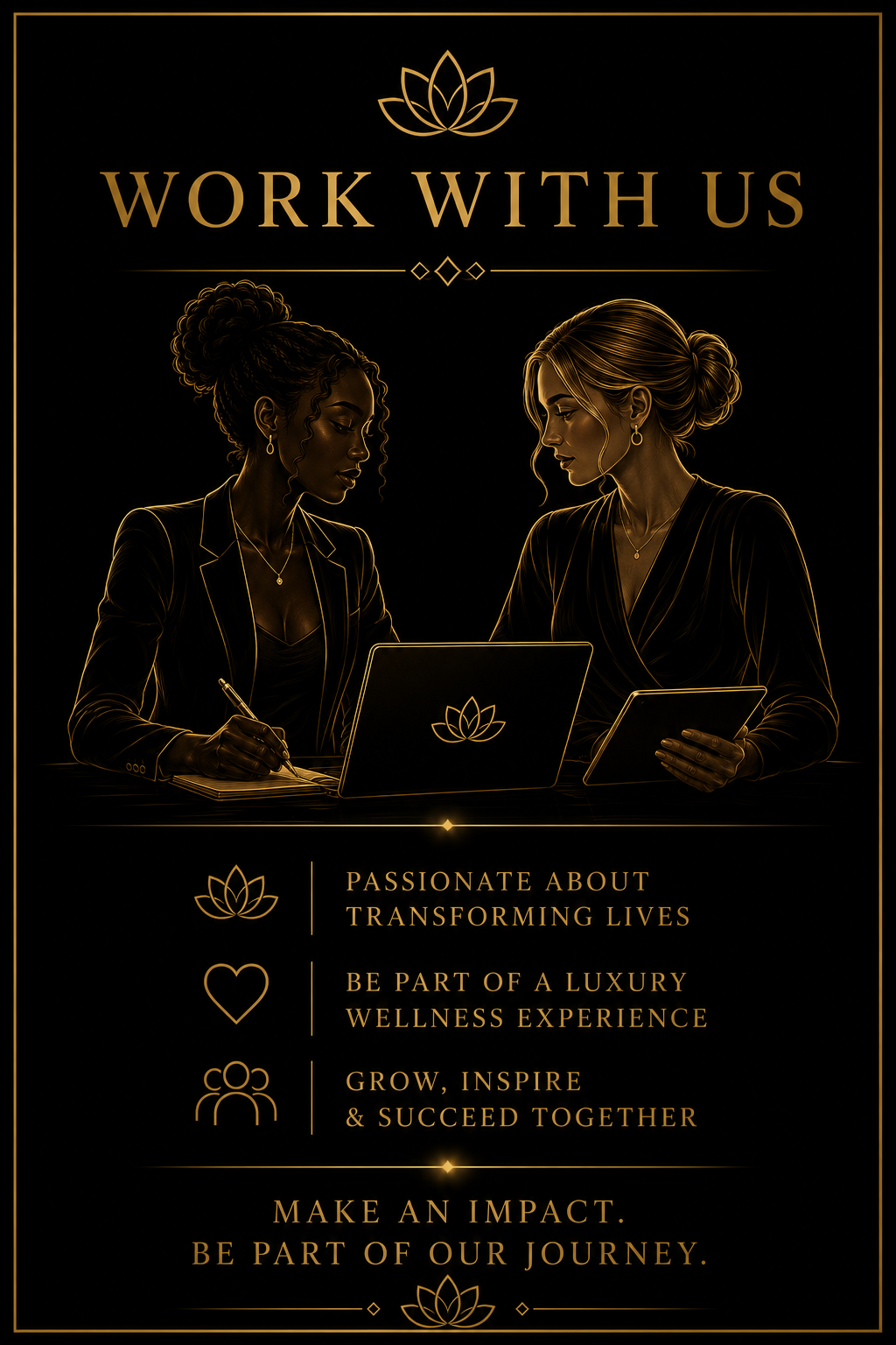 Luxury wellness brand recruitment poster featuring two professional women collaborating, with gold text on black background.