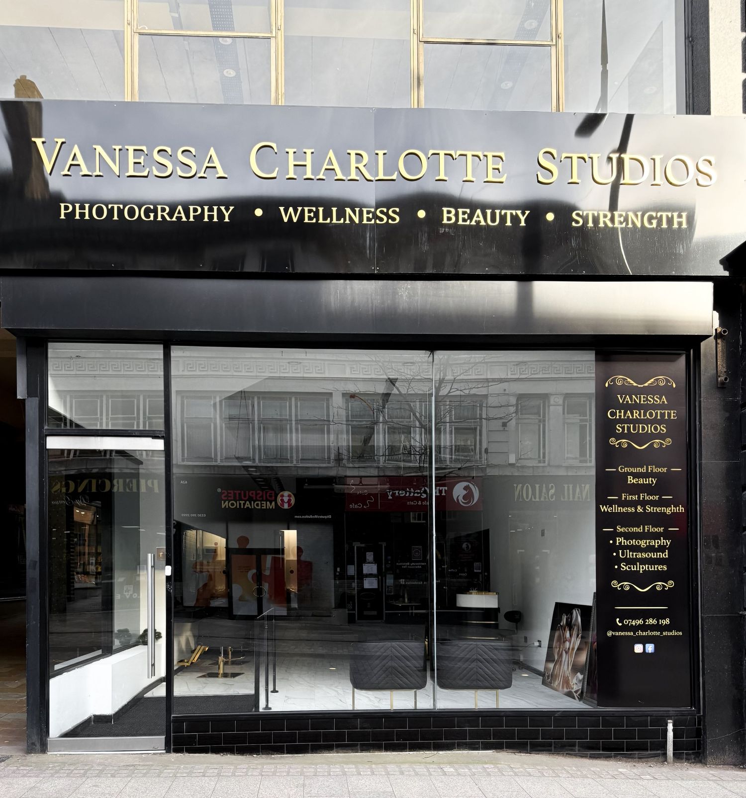 Vanessa Charlotte Studios storefront offering photography, wellness, beauty, and strength services.  Wolverhampton