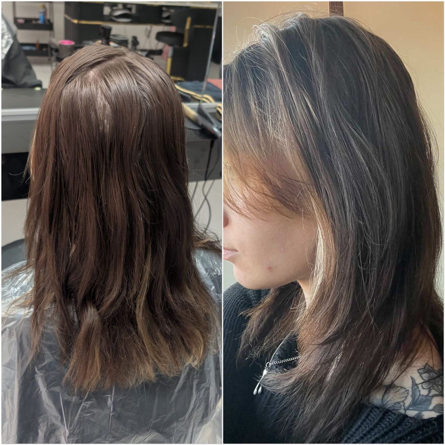 Before and after hair transformation showing dark brown hair refreshed with silver highlights and sleek layers.