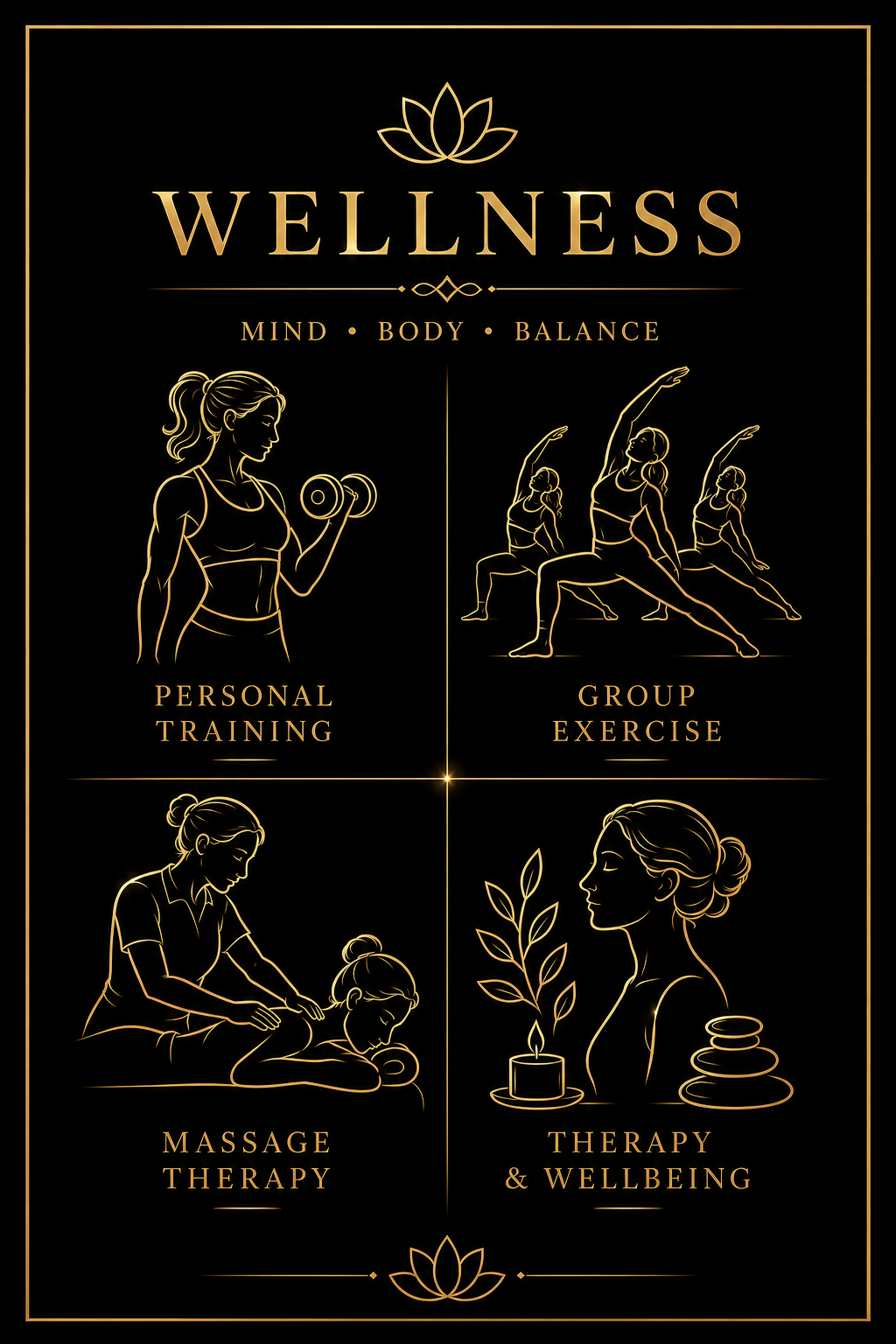 Golden line art wellness poster featuring personal training, group exercise, massage therapy, and wellbeing services on black background.
