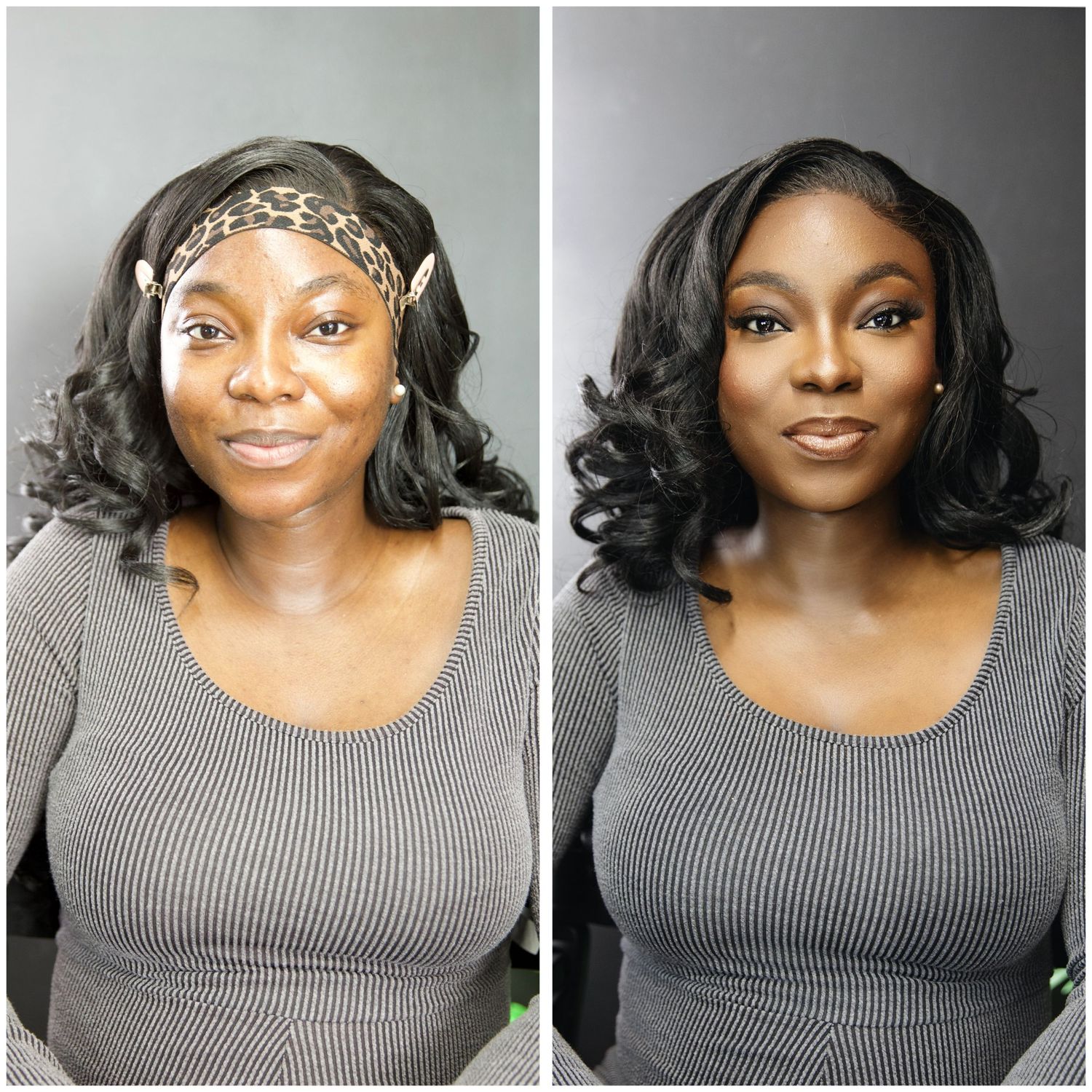 Before and after makeup transformation on a woman wearing a gray ribbed sweater, showcasing enhanced glam look.