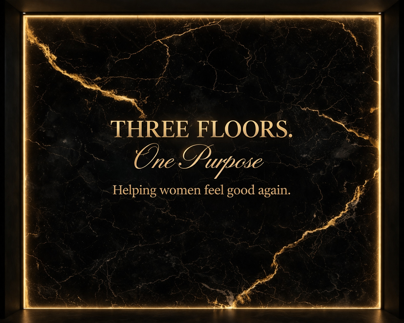 Elegant black marble sign with gold text reading Three Floors One Purpose Helping women feel good again.