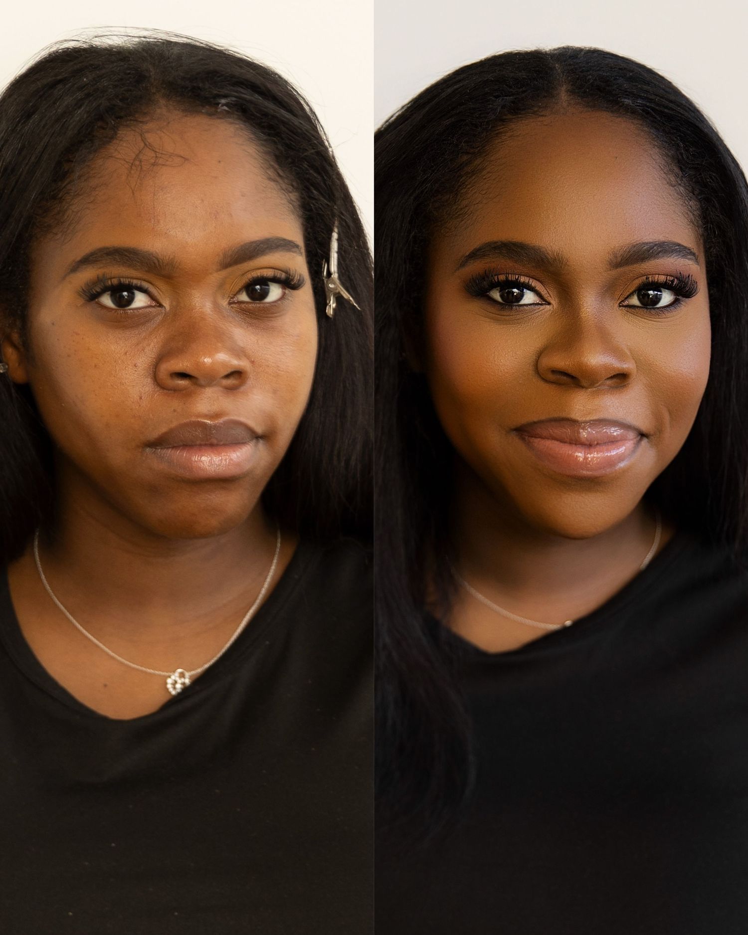 Close-up before & after makeup transformation on a young Black woman, highlighting skin and eye. Vanessa Charlotte Studios Wolverhampton