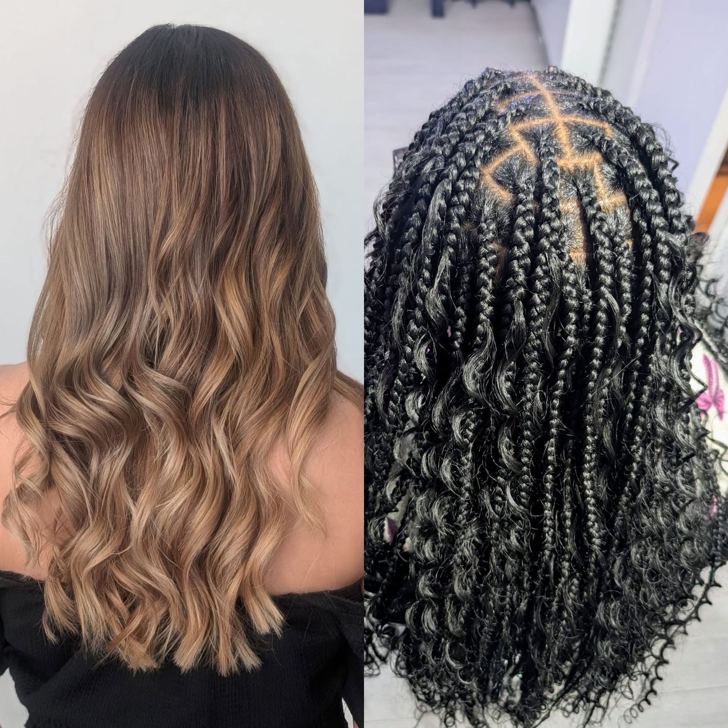 Side-by-side comparison of two hairstyles: blonde balayage waves and black box braids with curly ends.