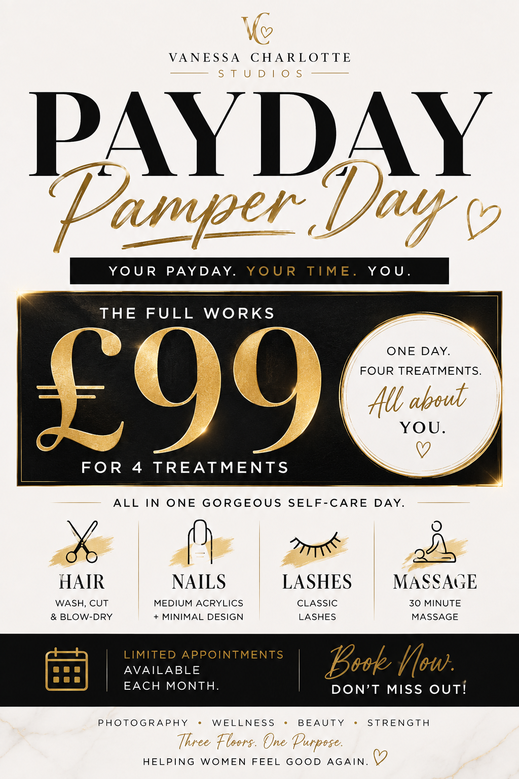 Vanessa Charlotte Studios Payday Pamper Day promotional flyer offering 4 treatments for £99 including hair, nails, lashes, and massage.