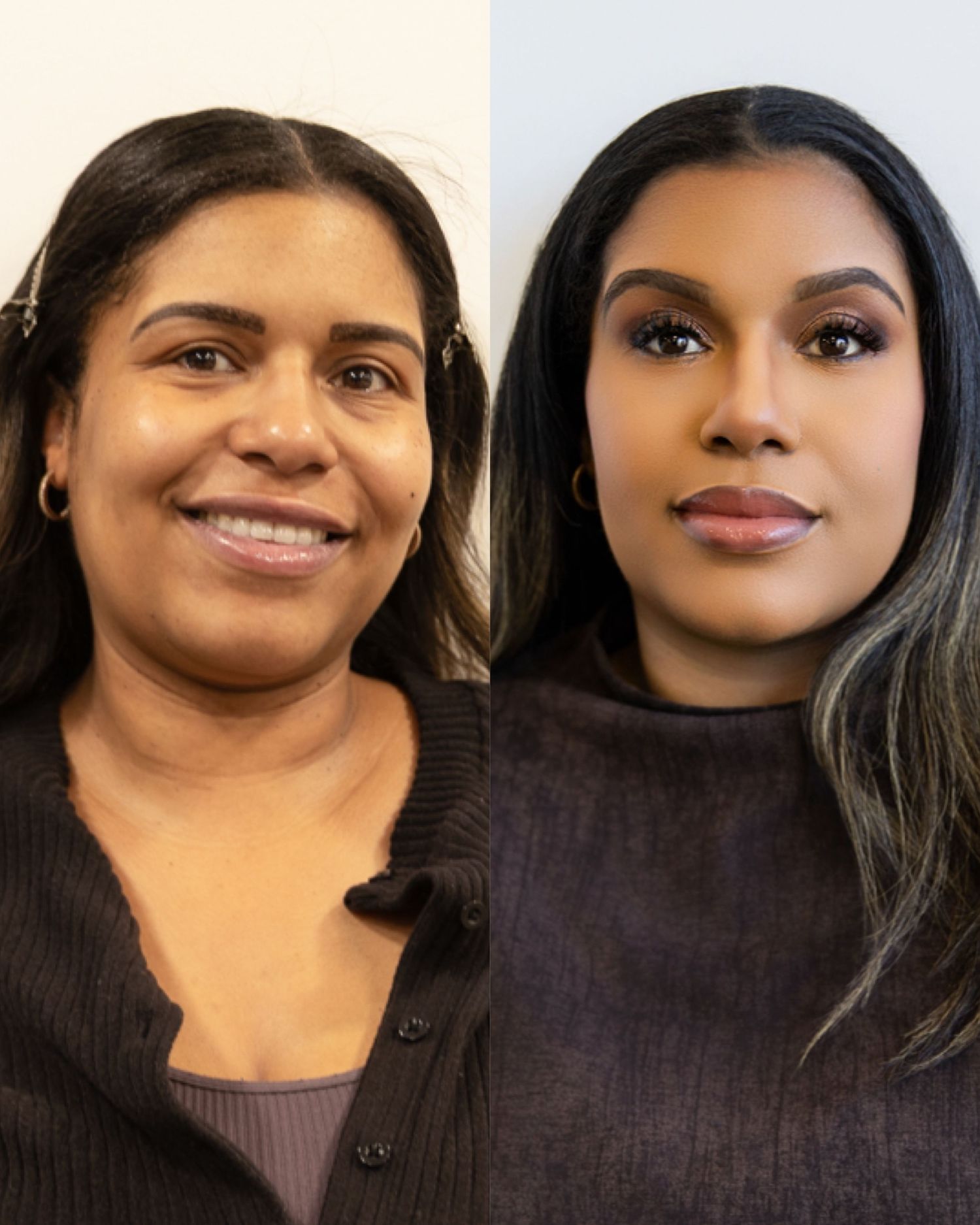 Before and after makeup transformation showing natural and glam looks on mixed-complexion woman.