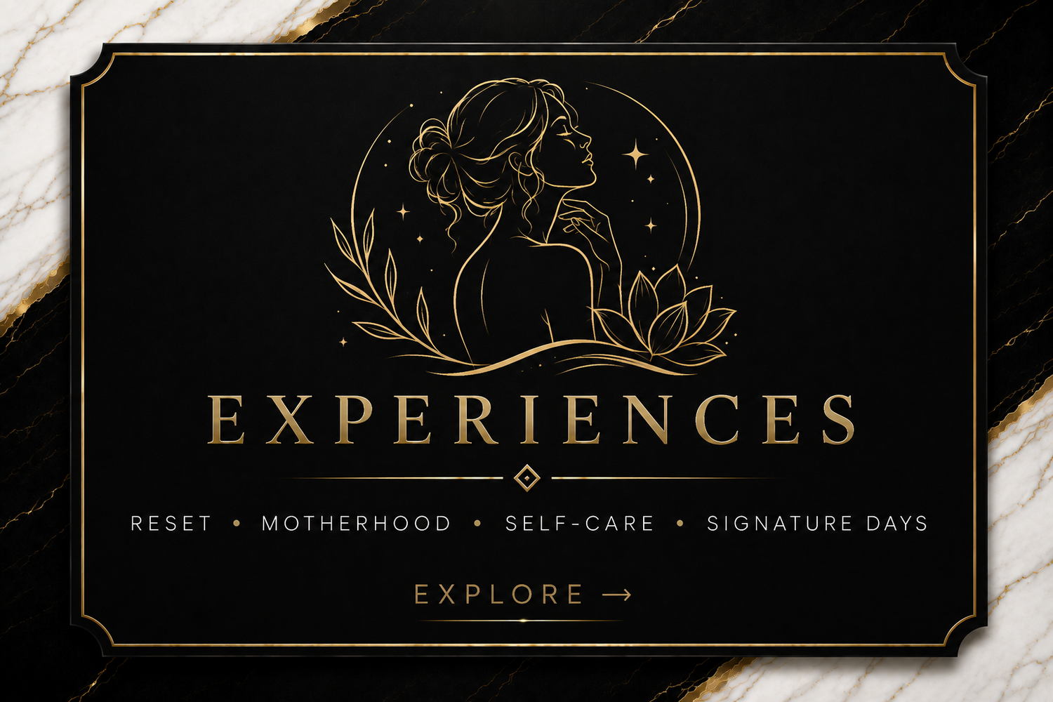 Elegant black and gold spa experiences menu featuring reset, motherhood, self-care, and signature days services.