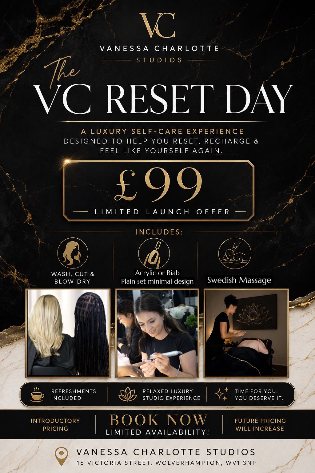 Vanessa Charlotte Studios VC Reset Day luxury self-care package for £99 including wash, cut, blow dry, acrylic nails, and Swedish massage.
