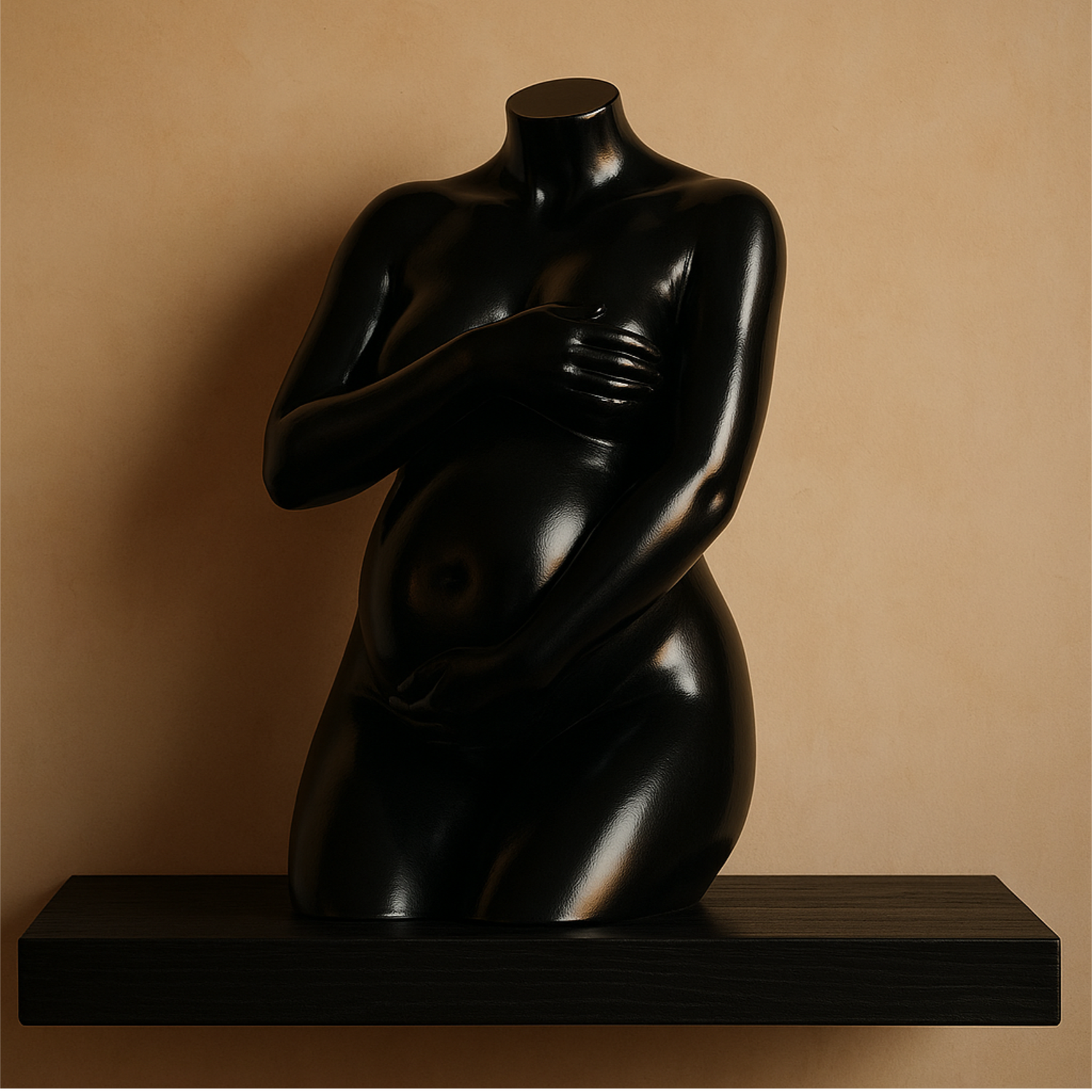 Black glossy sculpture of a pregnant female torso on a dark wooden shelf against a beige wall.