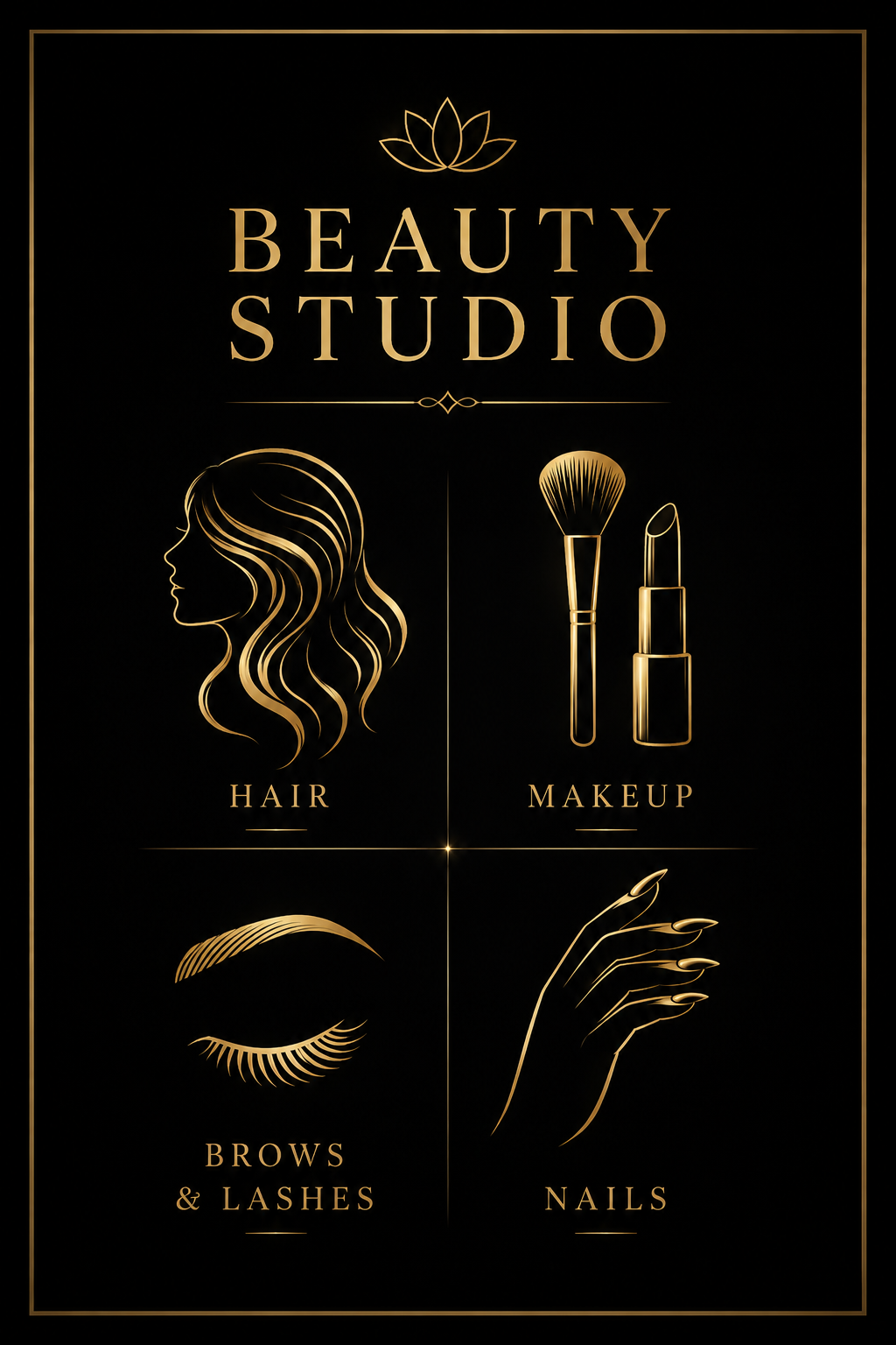 Gold beauty studio logo on black background featuring hair, makeup, brows and lashes, and nails icons.