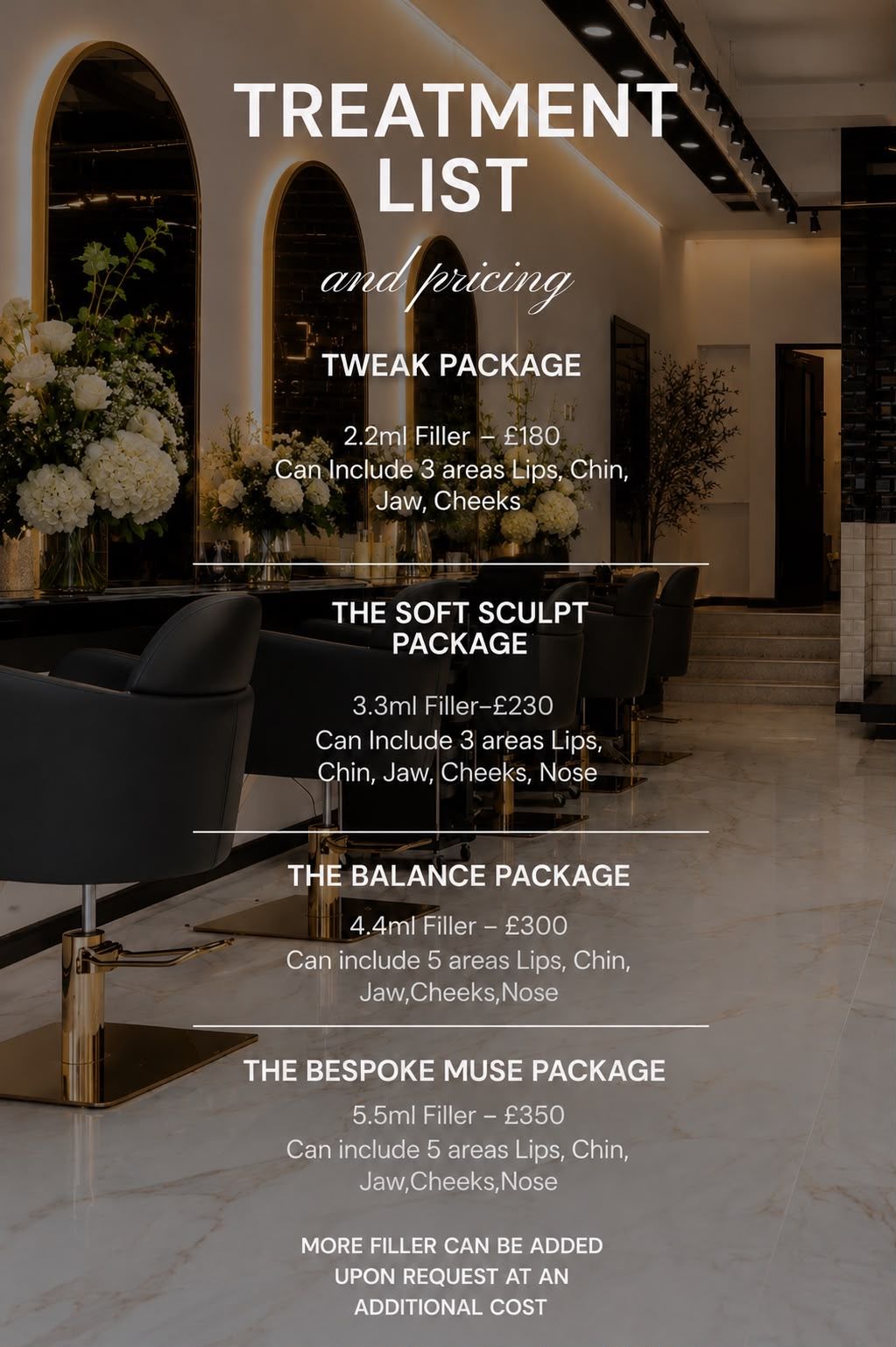 Luxury aesthetic clinic treatment list showing filler packages from £180 to £350, including Tweak, Soft Sculpt, Balance, and Bespoke Muse.