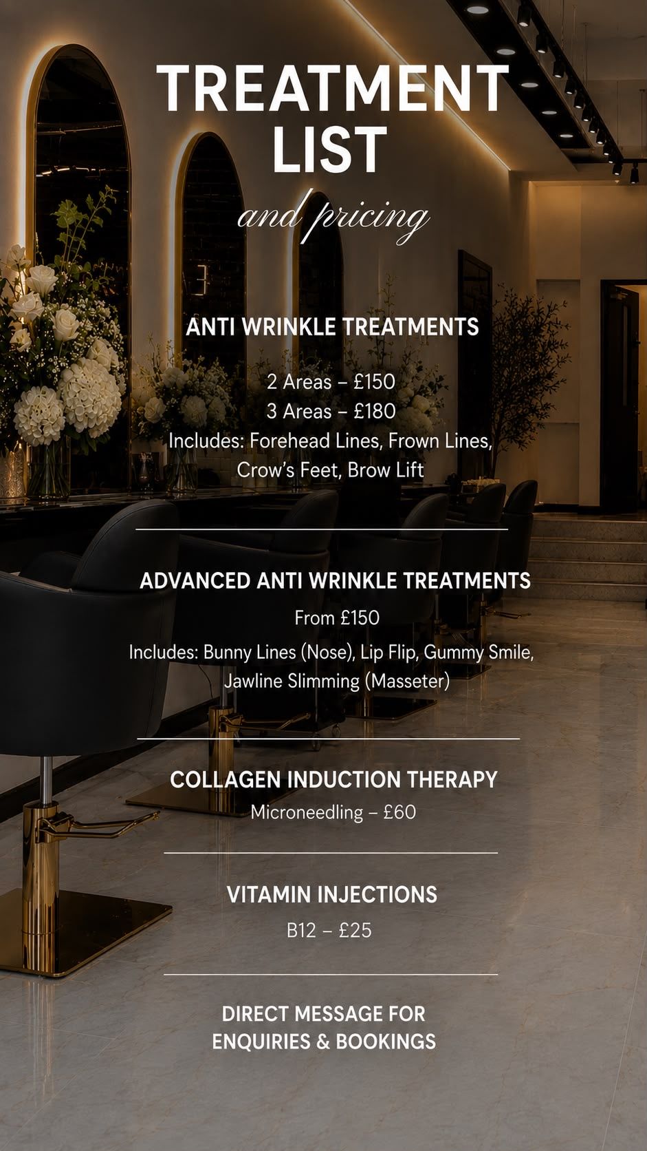 Elegant beauty salon treatment list showing anti-wrinkle, collagen therapy, and vitamin injection pricing in a luxury interior.