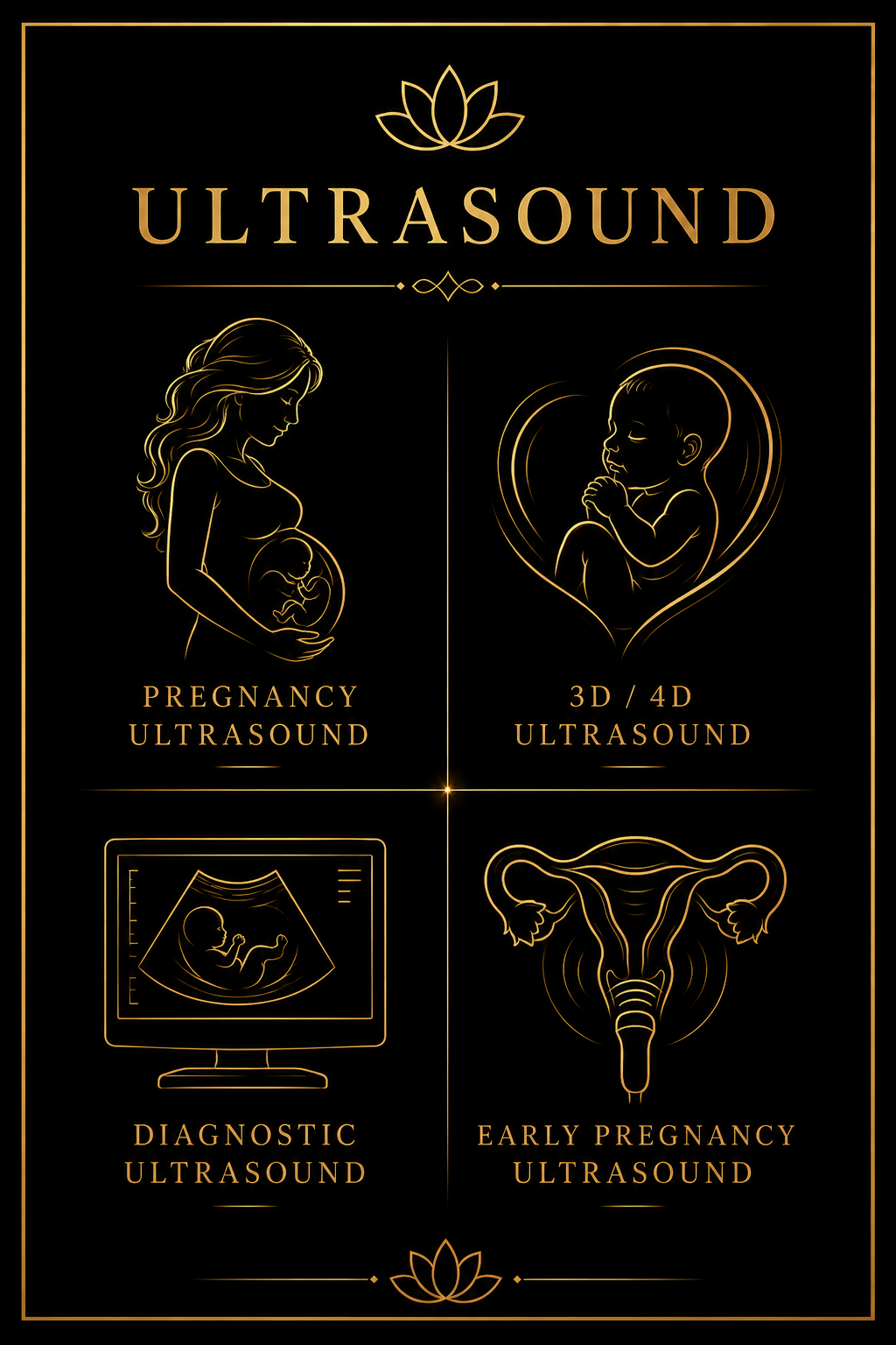 Gold illustrated ultrasound services poster featuring pregnancy, 3D/4D, diagnostic, and early pregnancy ultrasound options on black.
