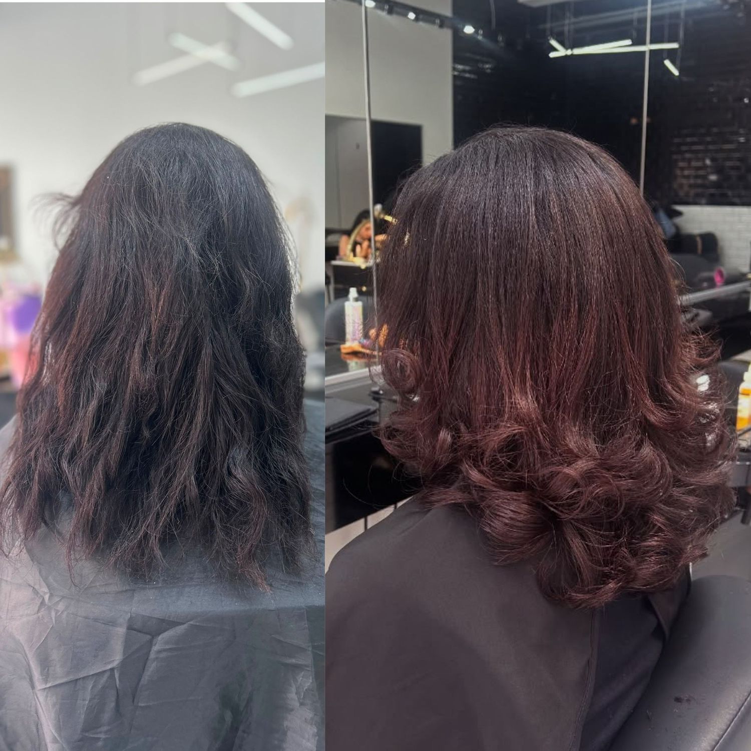 Before and after salon transformation showing dark hair with red highlights styled into smooth, bouncy curls at a hair salon.