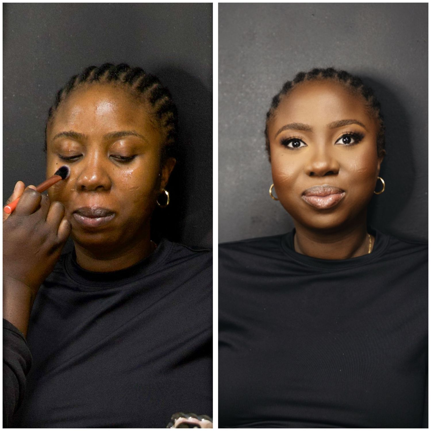 Before and after makeup transformation on a woman with braids, showing professional application results.