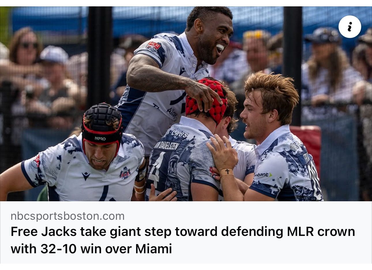 Free Jacks rugby players celebrate a 32-10 victory over Miami, taking a giant step toward defending their MLR championship title.