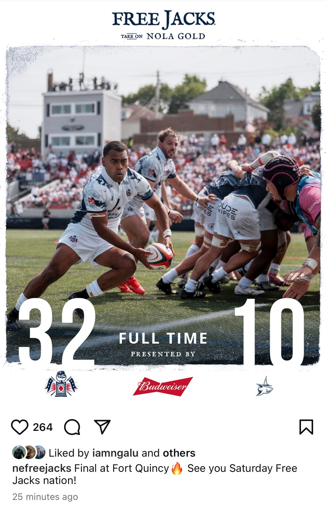 Free Jacks rugby team defeats NOLA Gold 32-10 at Fort Quincy in a full-time MLR match, presented by Budweiser.