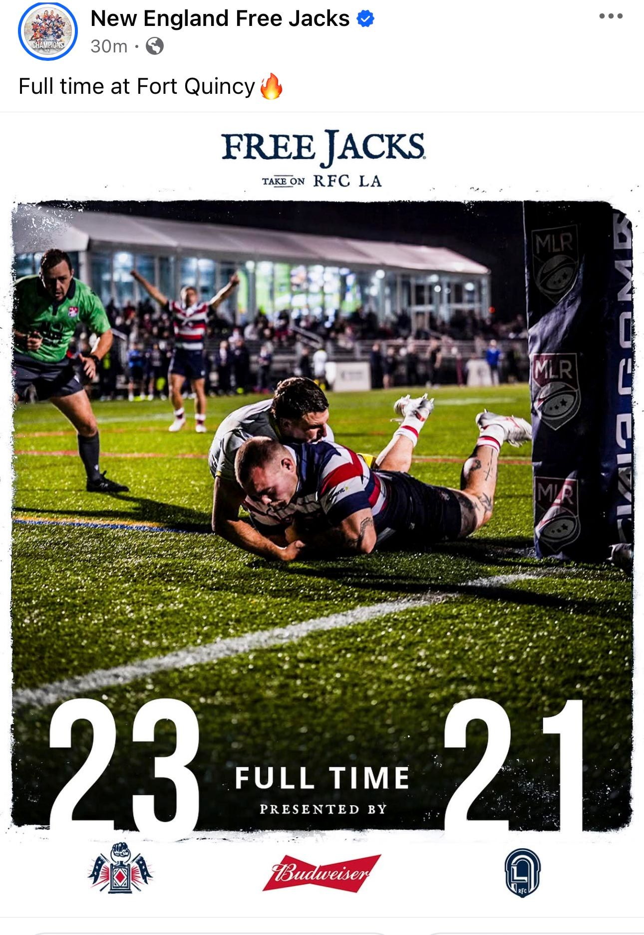 New England Free Jacks defeat RFC LA 23-21 at Fort Quincy in a thrilling full-time MLR rugby match.