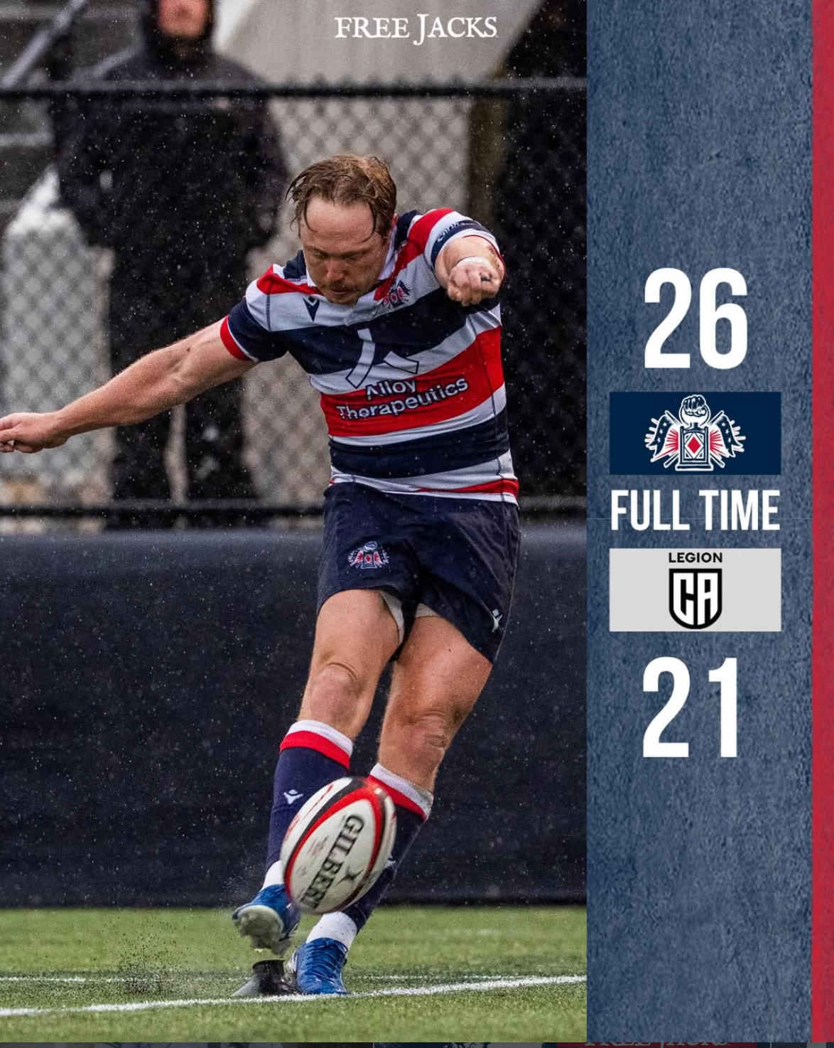 Free Jacks rugby player kicks ball during a 26-21 full time victory over Legion in a snowy match.