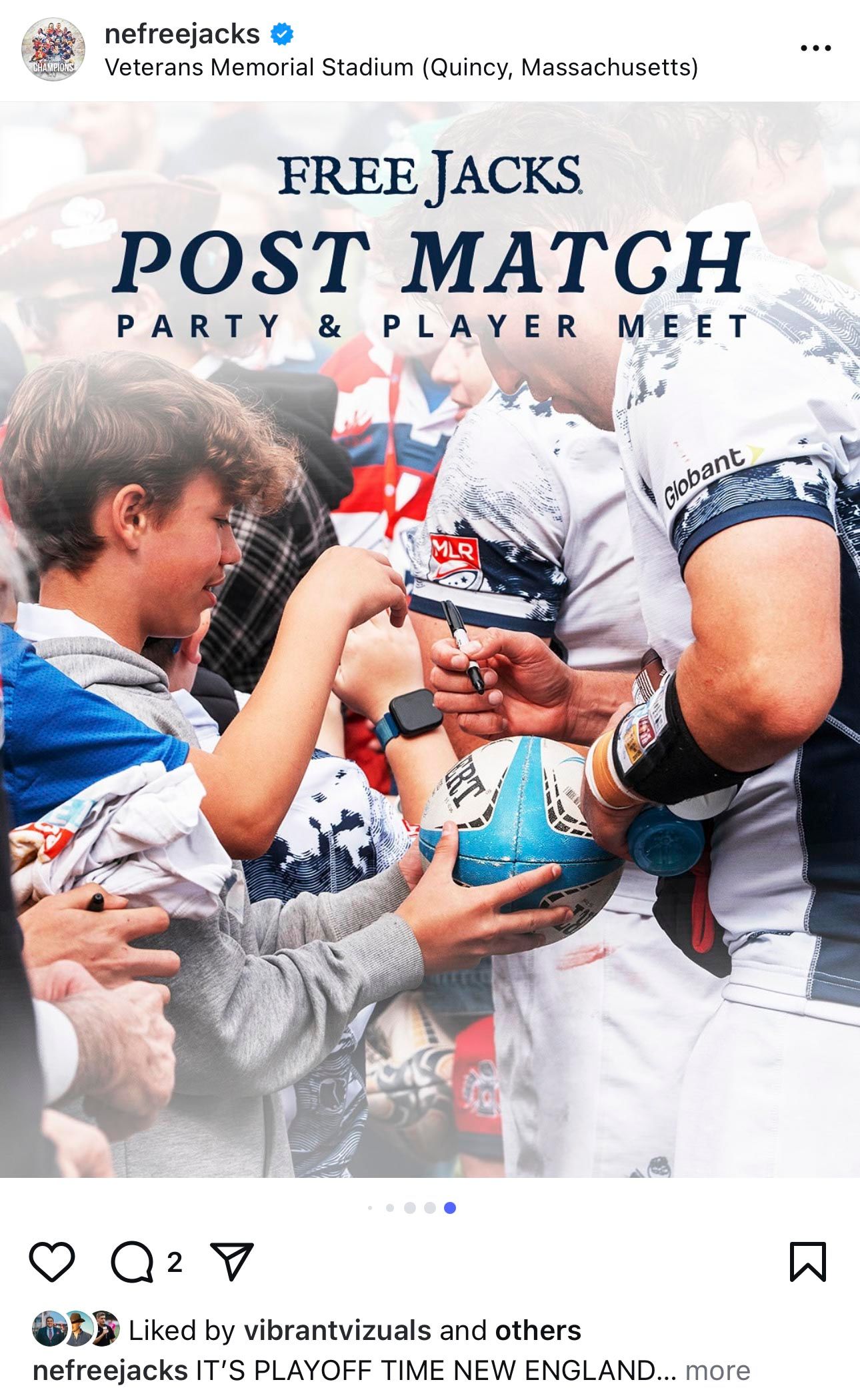 New England Free Jacks rugby players sign autographs for fans at a post-match party and player meet event at Veterans Memorial Stadium.