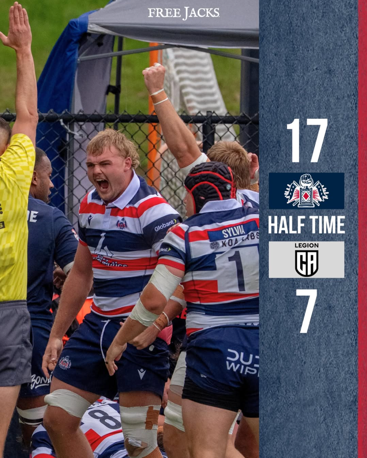 Free Jacks rugby players celebrate a 17-7 halftime lead over Legion CH during an intense match.