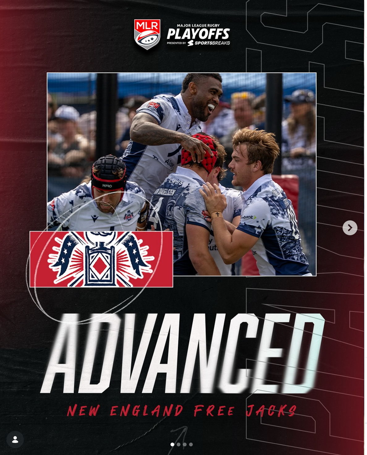 New England Free Jacks rugby players celebrate advancing in the MLR Playoffs tournament.