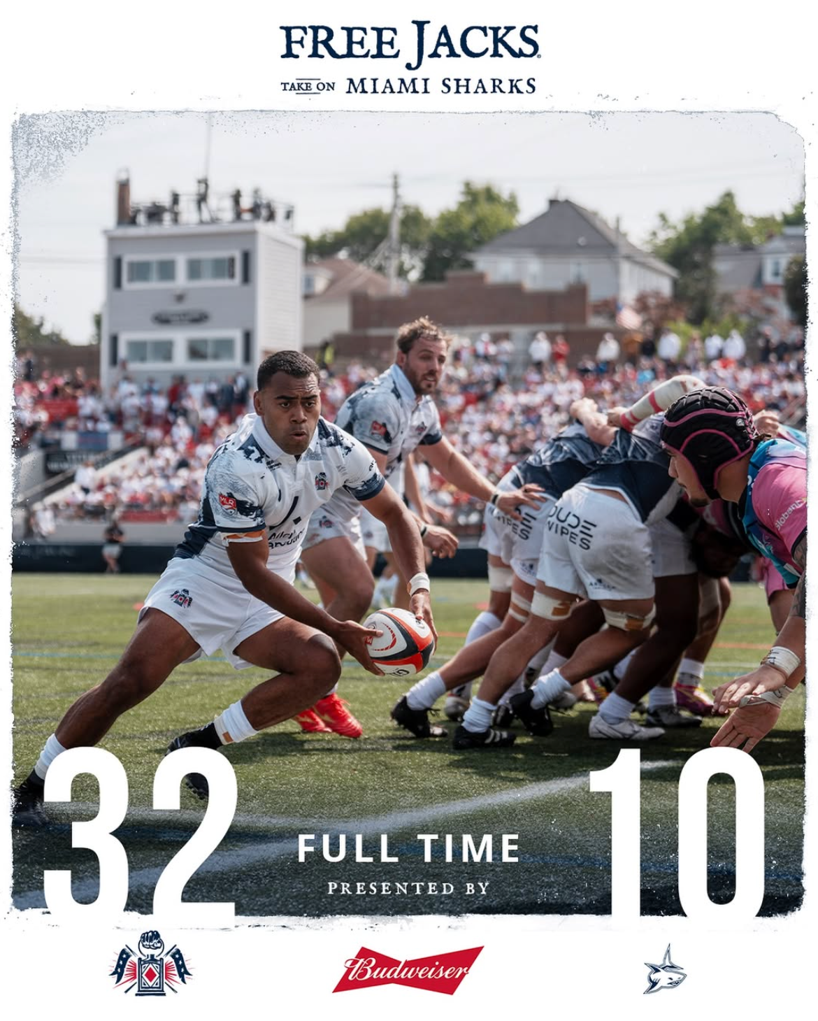 Free Jacks vs Miami Sharks rugby match ends 32-10 at full time, presented by Budweiser, with players in action on the field.