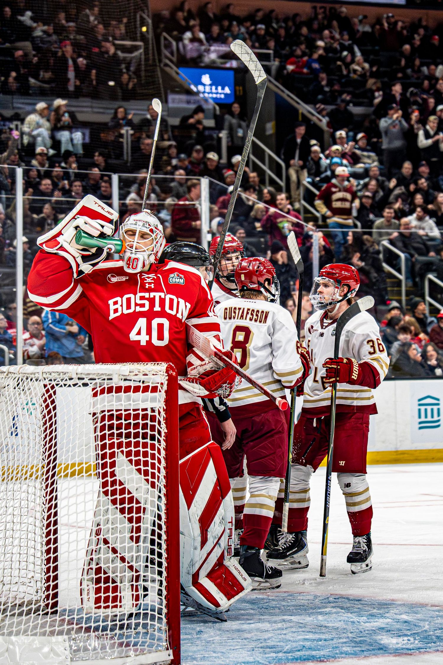 Boston University goalie adjusts his mask near the net during a college ice hockey game.