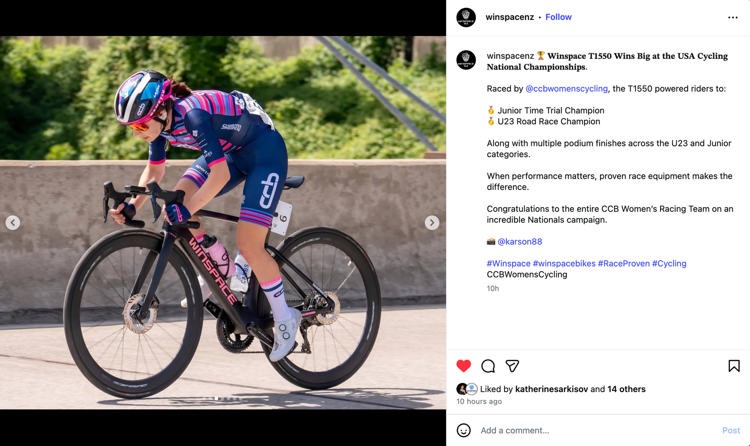 Winspace T1550 cyclist wins Junior Time Trial Championship at USA Cycling National Championships event.