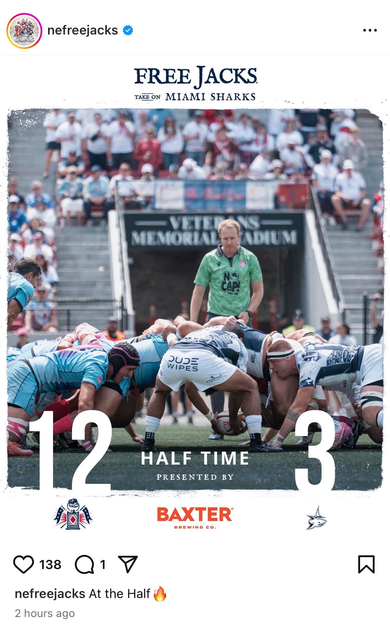 New England Free Jacks lead Miami Sharks 12-3 at halftime in a rugby match at Veterans Memorial Stadium.
