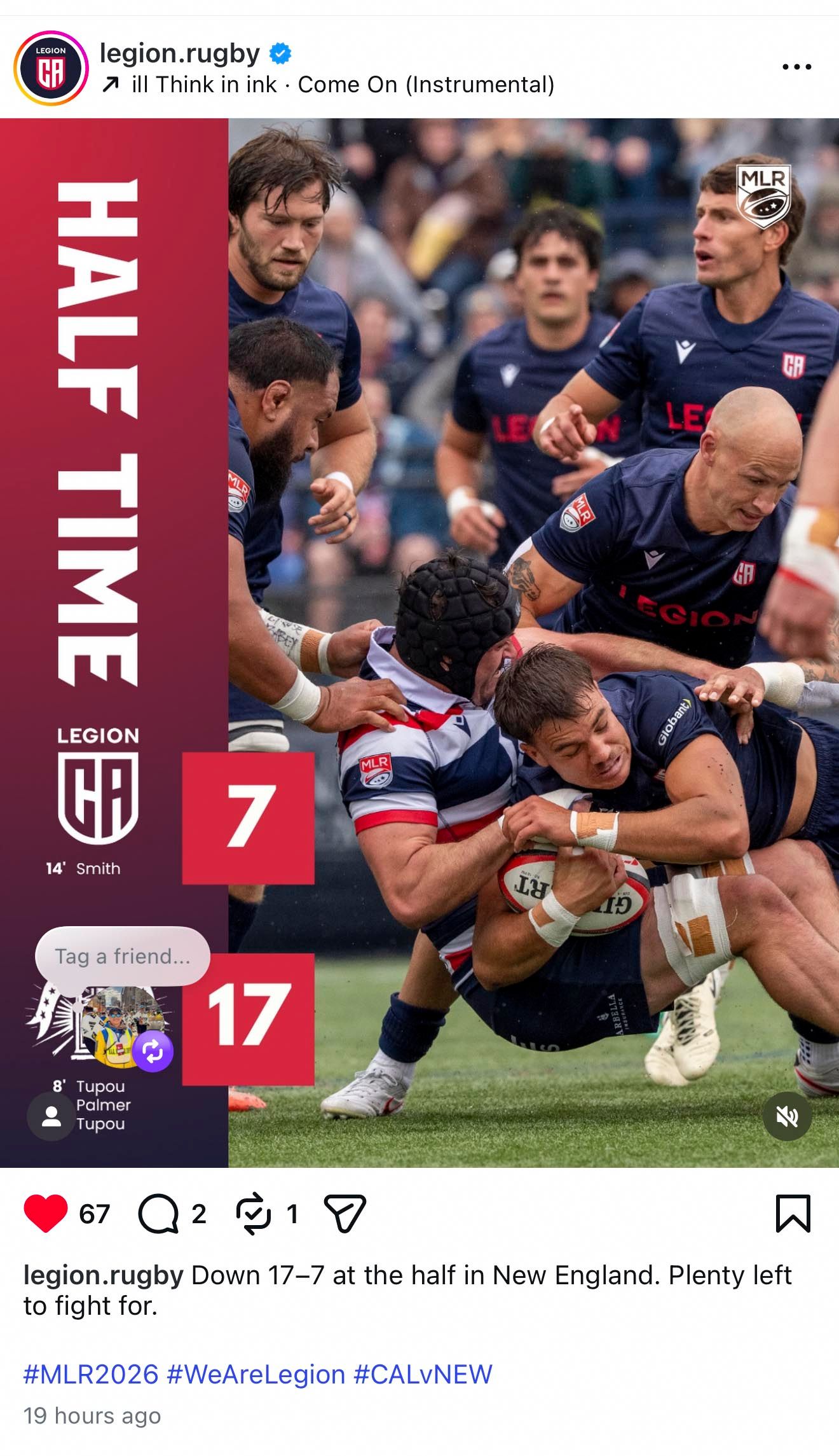Rugby players in a intense match tackle, with a halftime score graphic showing Legion trailing 7-17 in New England.