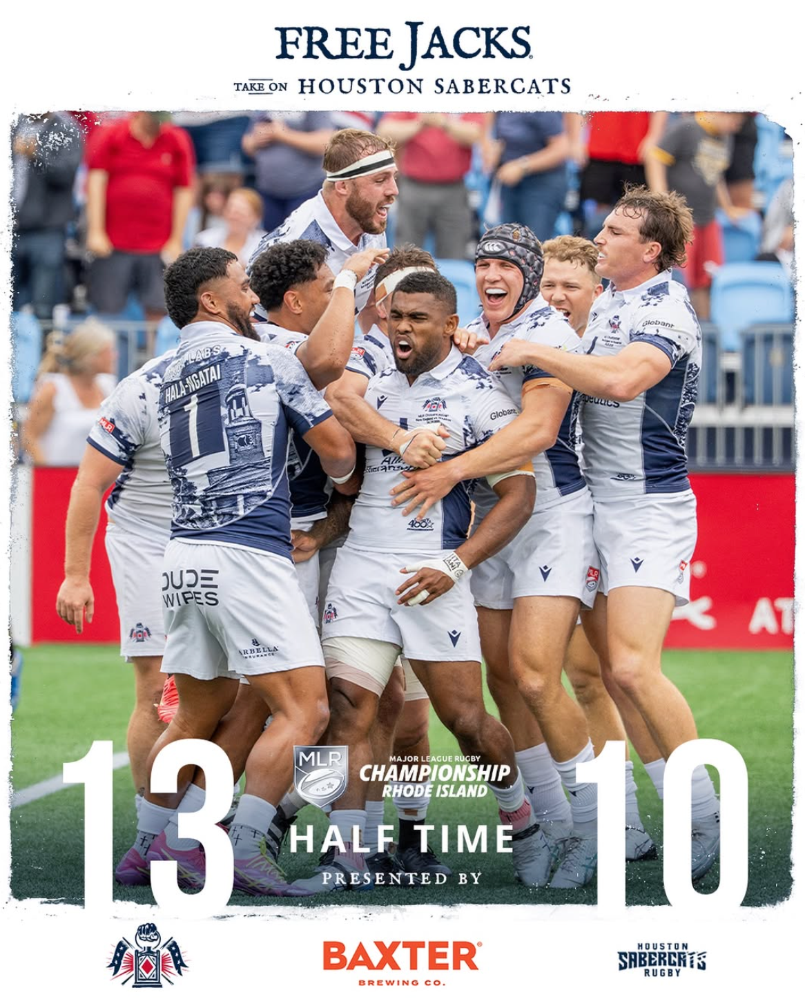 Free Jacks rugby players celebrate at halftime leading Houston SaberCats 13-10 in MLR Championship game in Rhode Island.