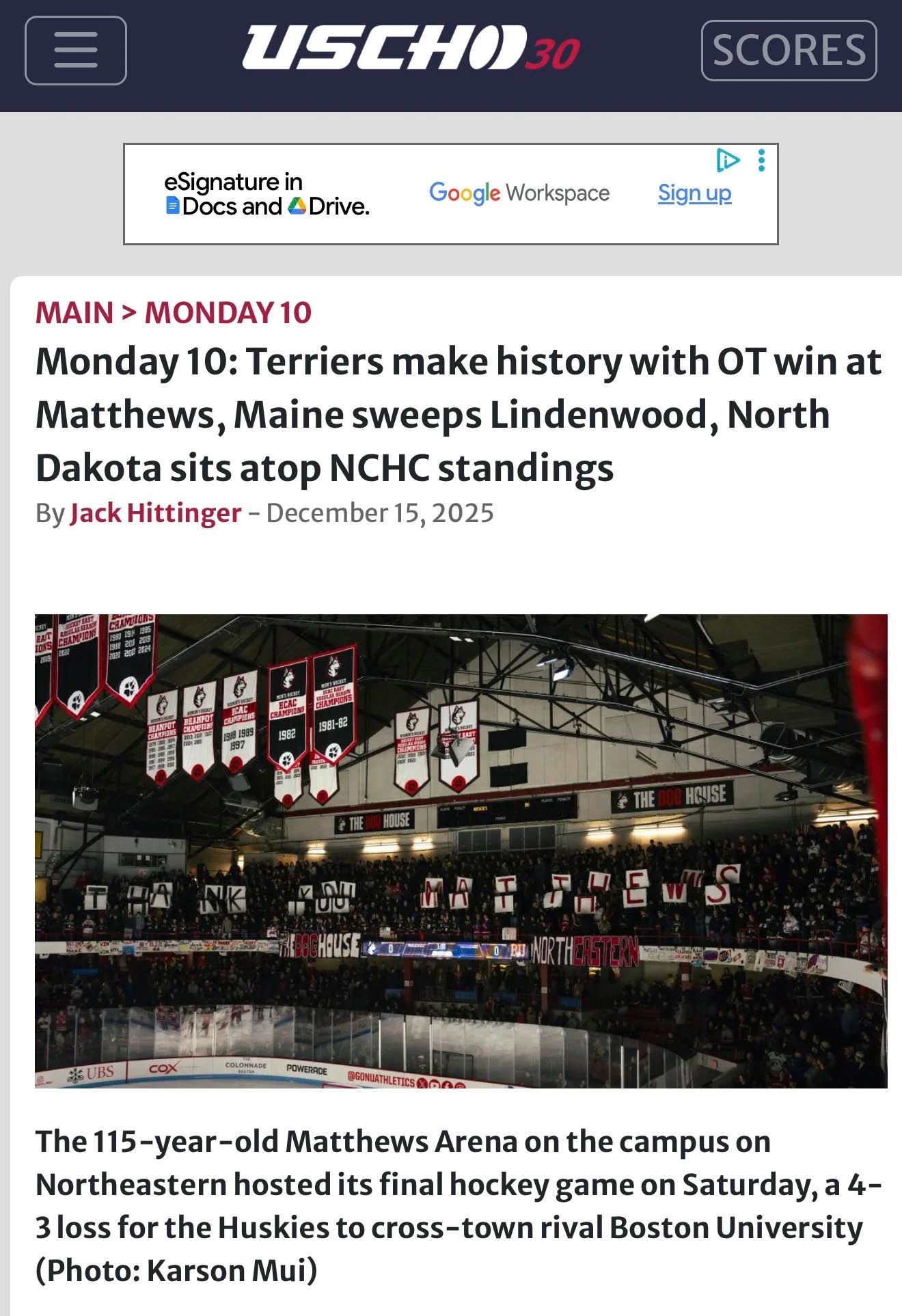 Matthews Arena at Northeastern University hosts its final hockey game, a 4-3 overtime loss to Boston University on December 15, 2025.