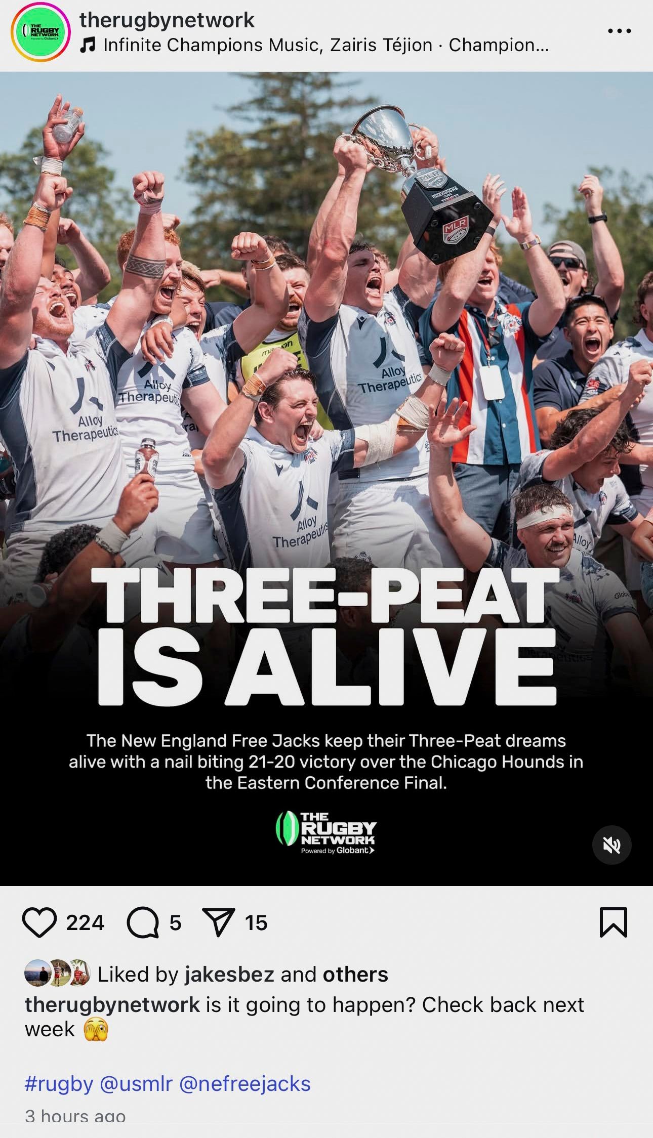 New England Free Jacks players celebrate Three-Peat championship dreams after 21-20 victory over Chicago Hounds in Eastern Conference Final.