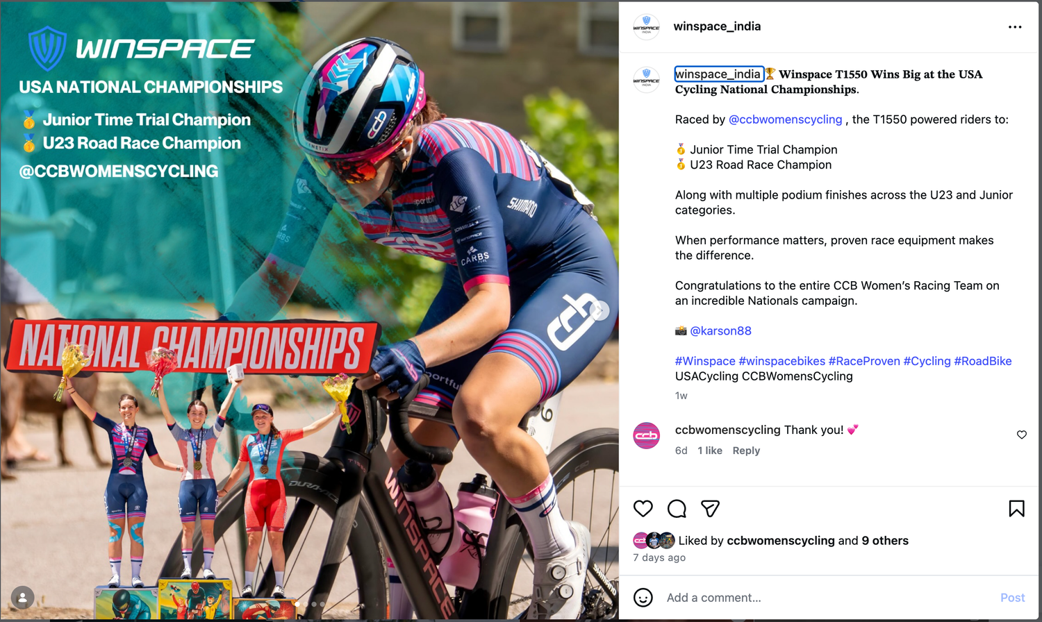 Female cyclist in blue kit celebrates USA National Championships wins, including Junior Time Trial and U23 Road Race titles.
