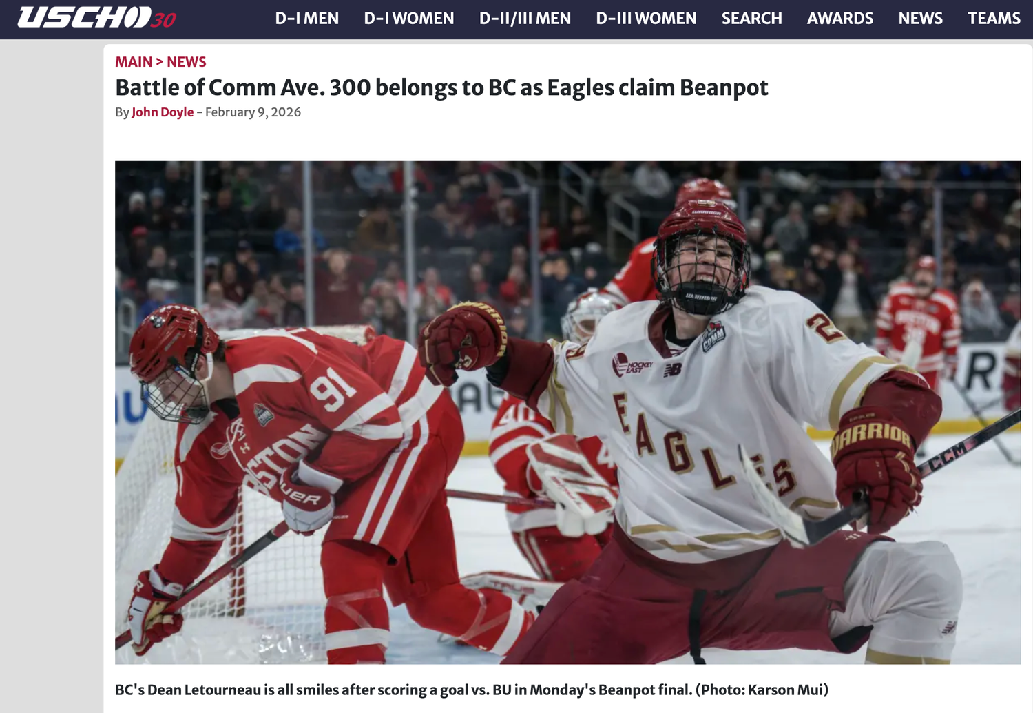 BC Eagles hockey player celebrates a goal against Boston University in the annual Beanpot Tournament at TD Garden.