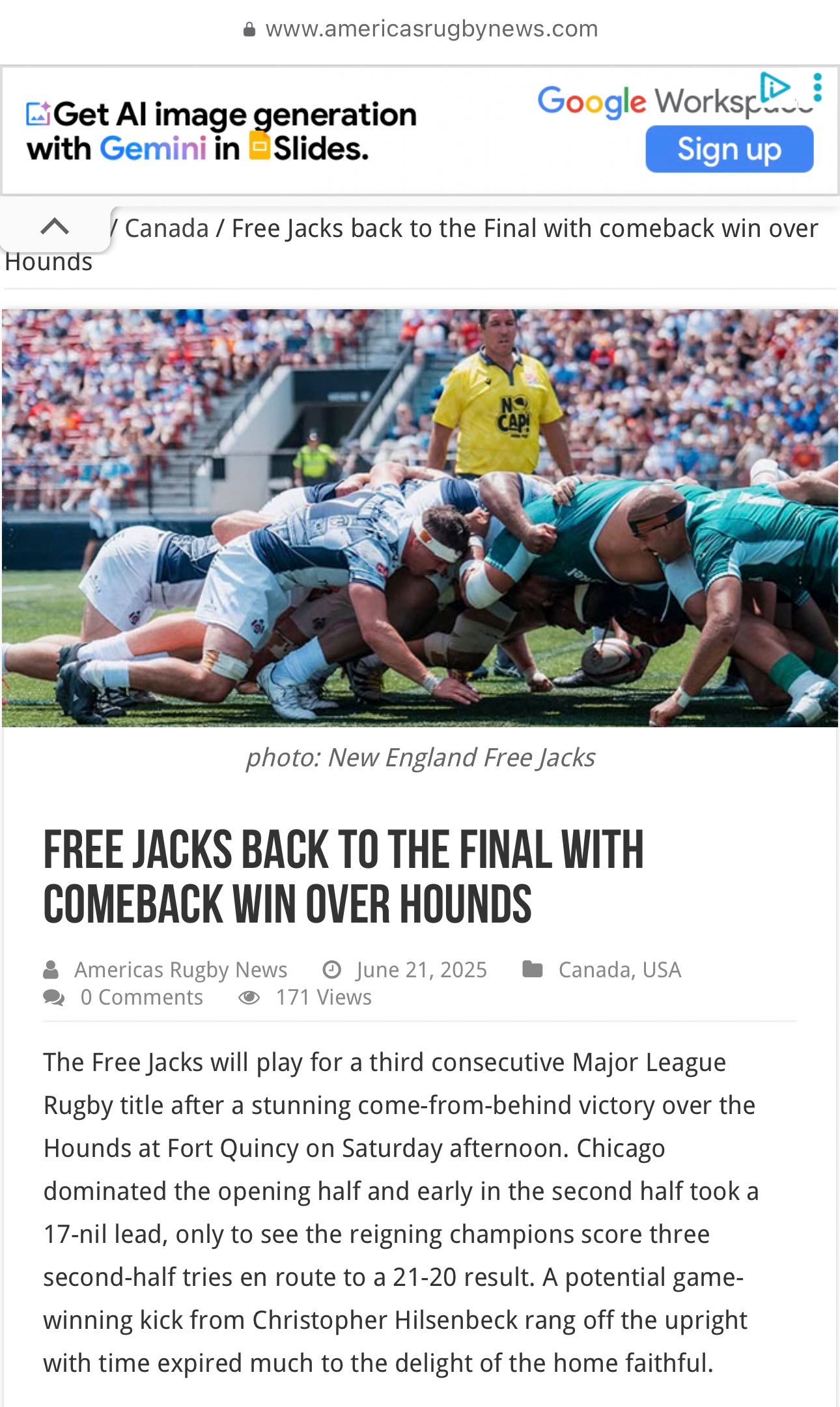 Rugby players compete in an intense match during the New England Free Jacks vs Hounds MLR playoff game at Fort Quincy.