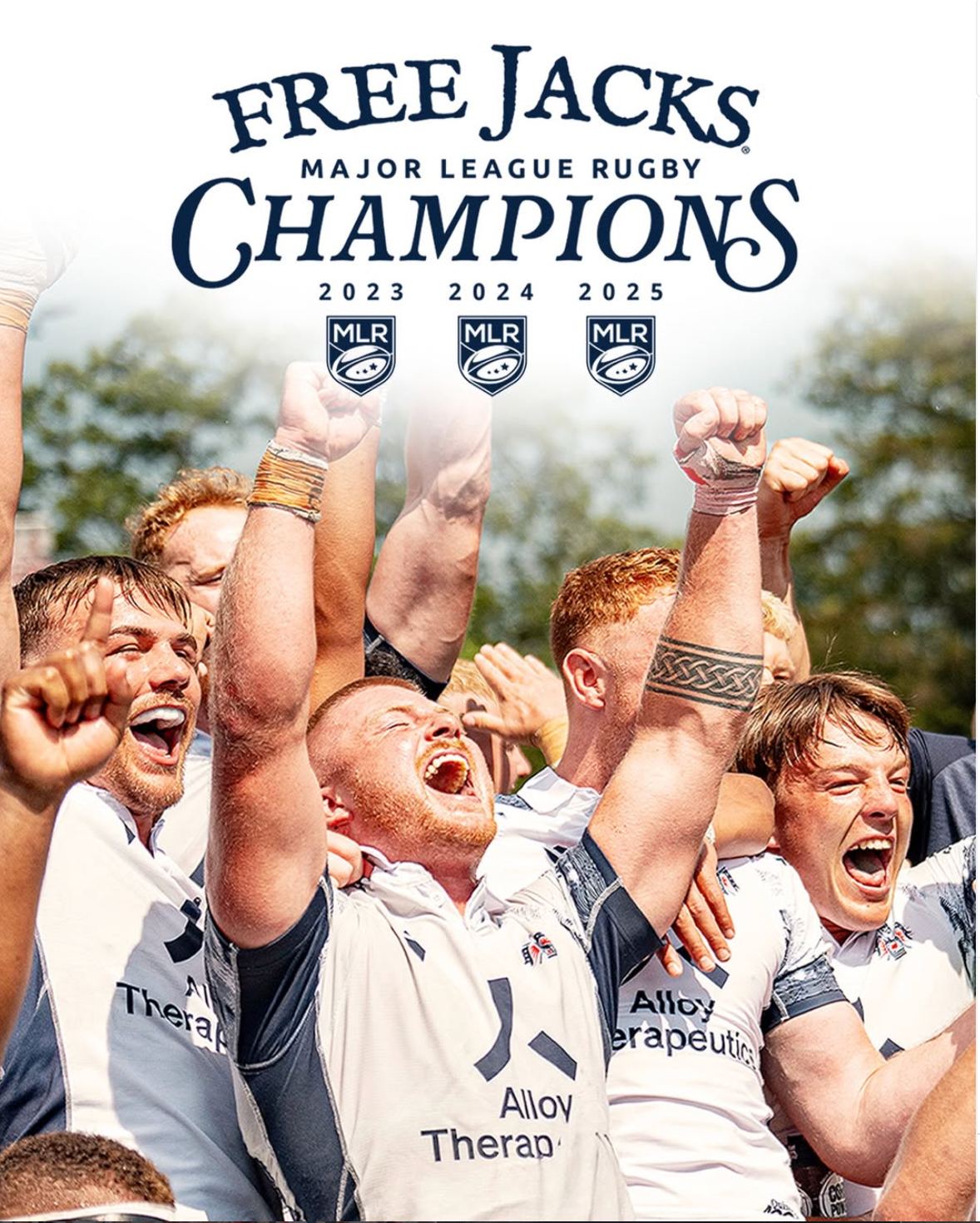Free Jacks Major League Rugby Champions 2023, 2024, 2025 celebration with players cheering and raising fists in victory.
